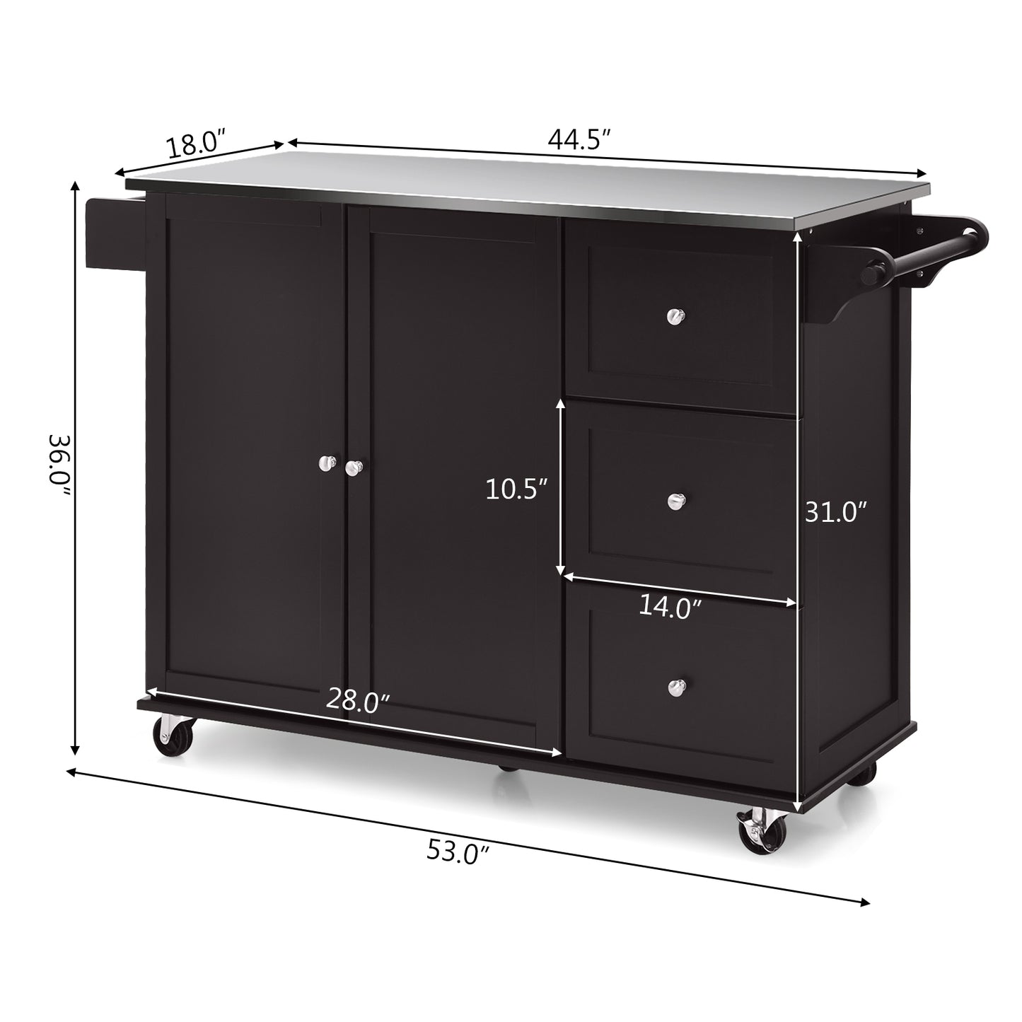 Kitchen Island with Stainless Steel Countertop 2-Door Cabinet and Drawers for Storage - Dark Brown
