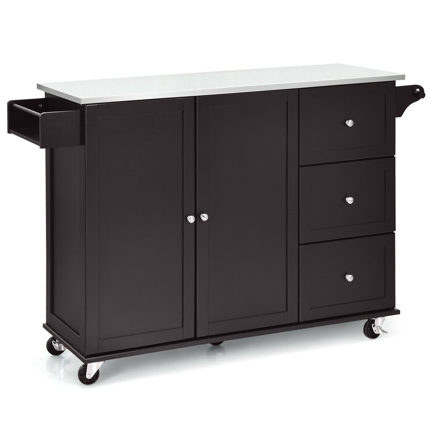 Kitchen Island with Stainless Steel Countertop 2-Door Cabinet and Drawers for Storage - Dark Brown