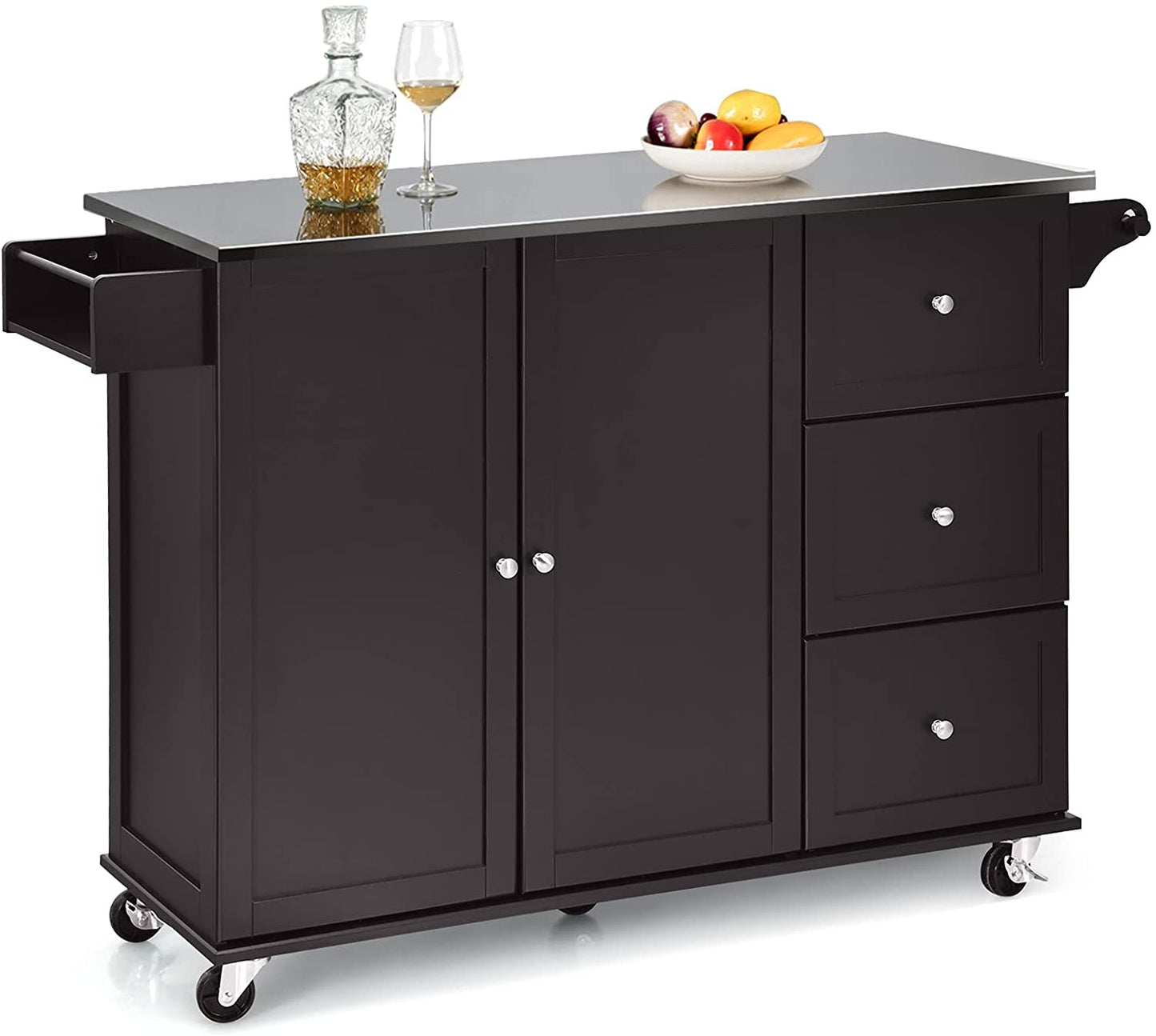 Kitchen Island with Stainless Steel Countertop 2-Door Cabinet and Drawers for Storage - Dark Brown