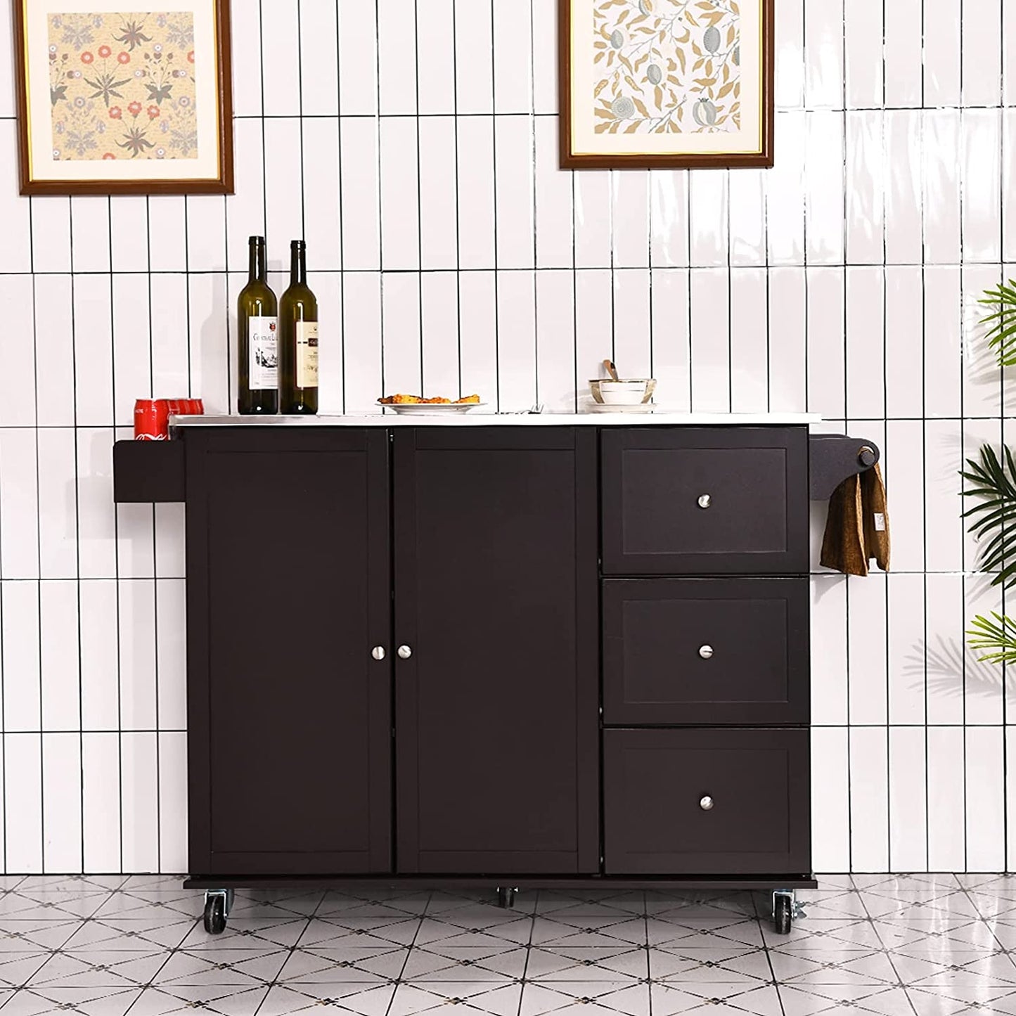 Kitchen Island with Stainless Steel Countertop 2-Door Cabinet and Drawers for Storage - Dark Brown