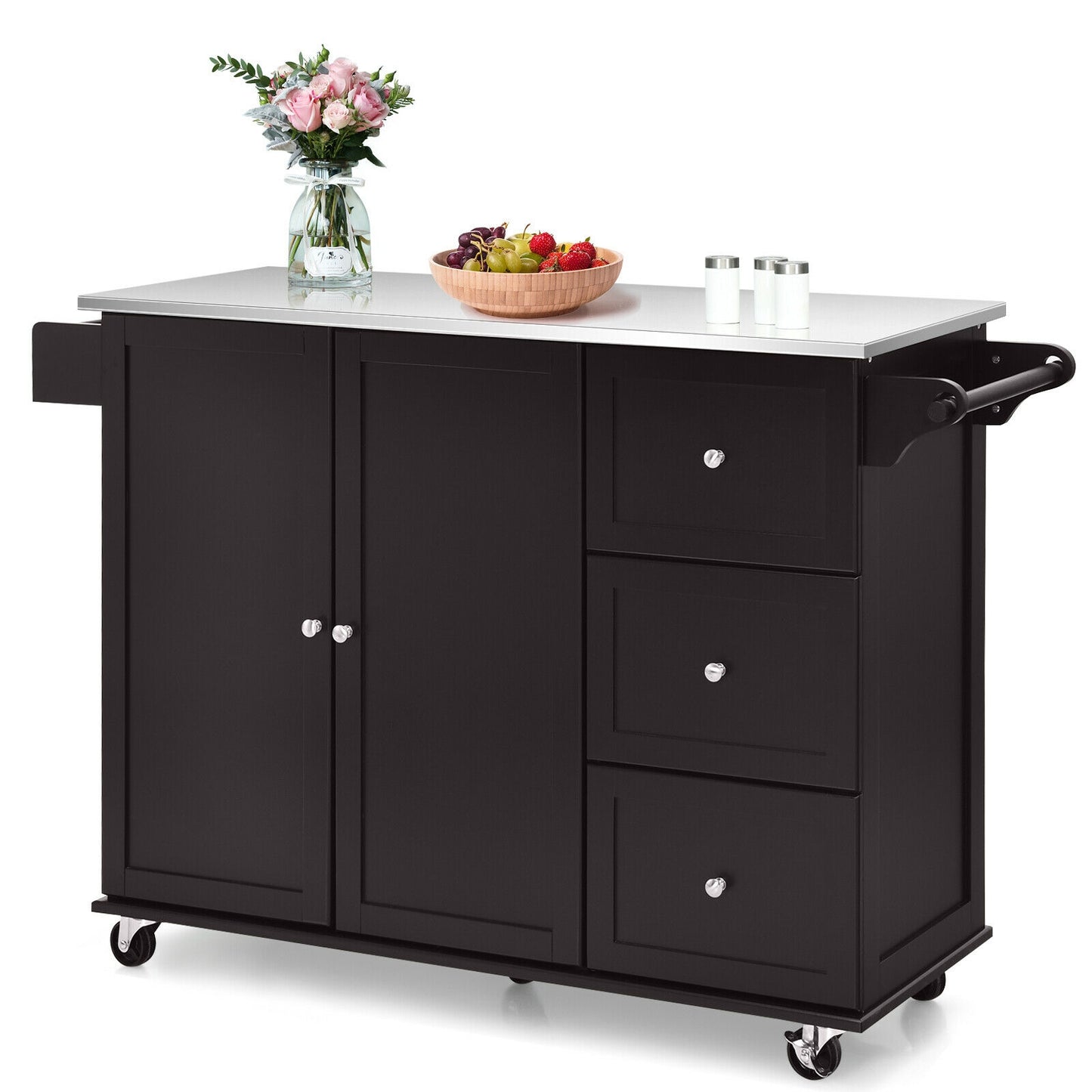 Kitchen Island with Stainless Steel Countertop 2-Door Cabinet and Drawers for Storage - Dark Brown