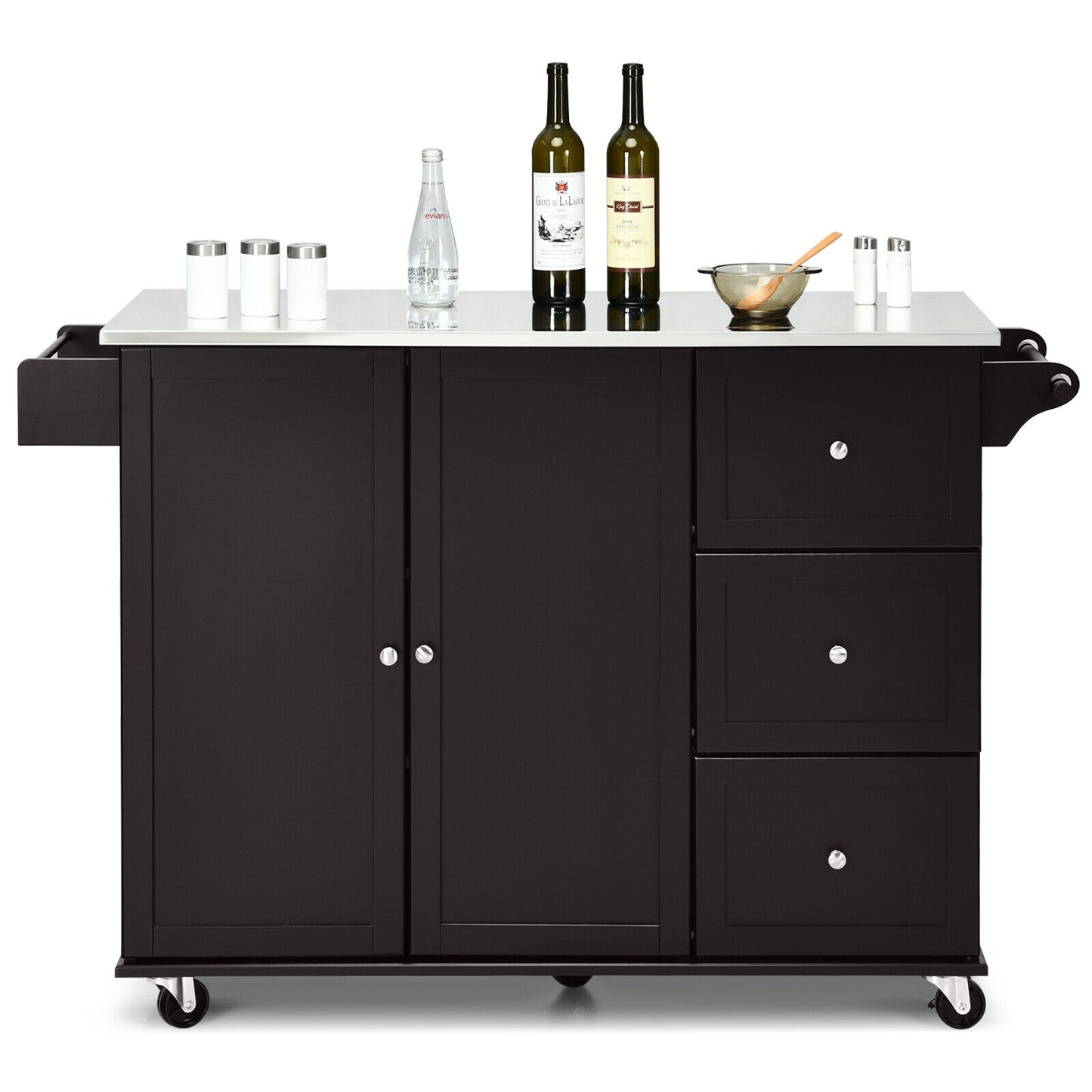Kitchen Island with Stainless Steel Countertop 2-Door Cabinet and Drawers for Storage - Dark Brown