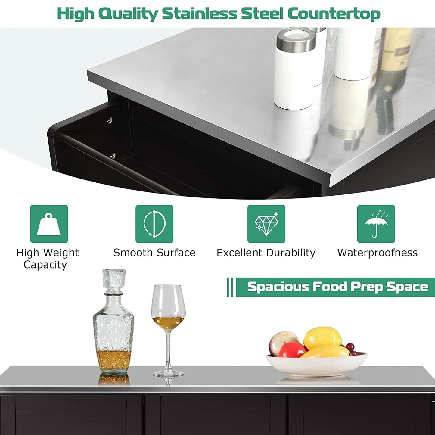 Kitchen Island with Stainless Steel Countertop 2-Door Cabinet and Drawers for Storage - Dark Brown
