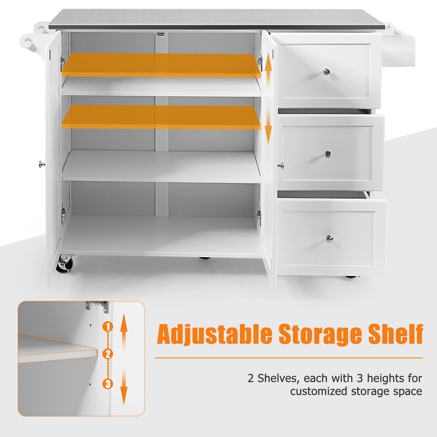 Kitchen Island with Stainless Steel Countertop 2-Door Cabinet and Drawers for Storage - White