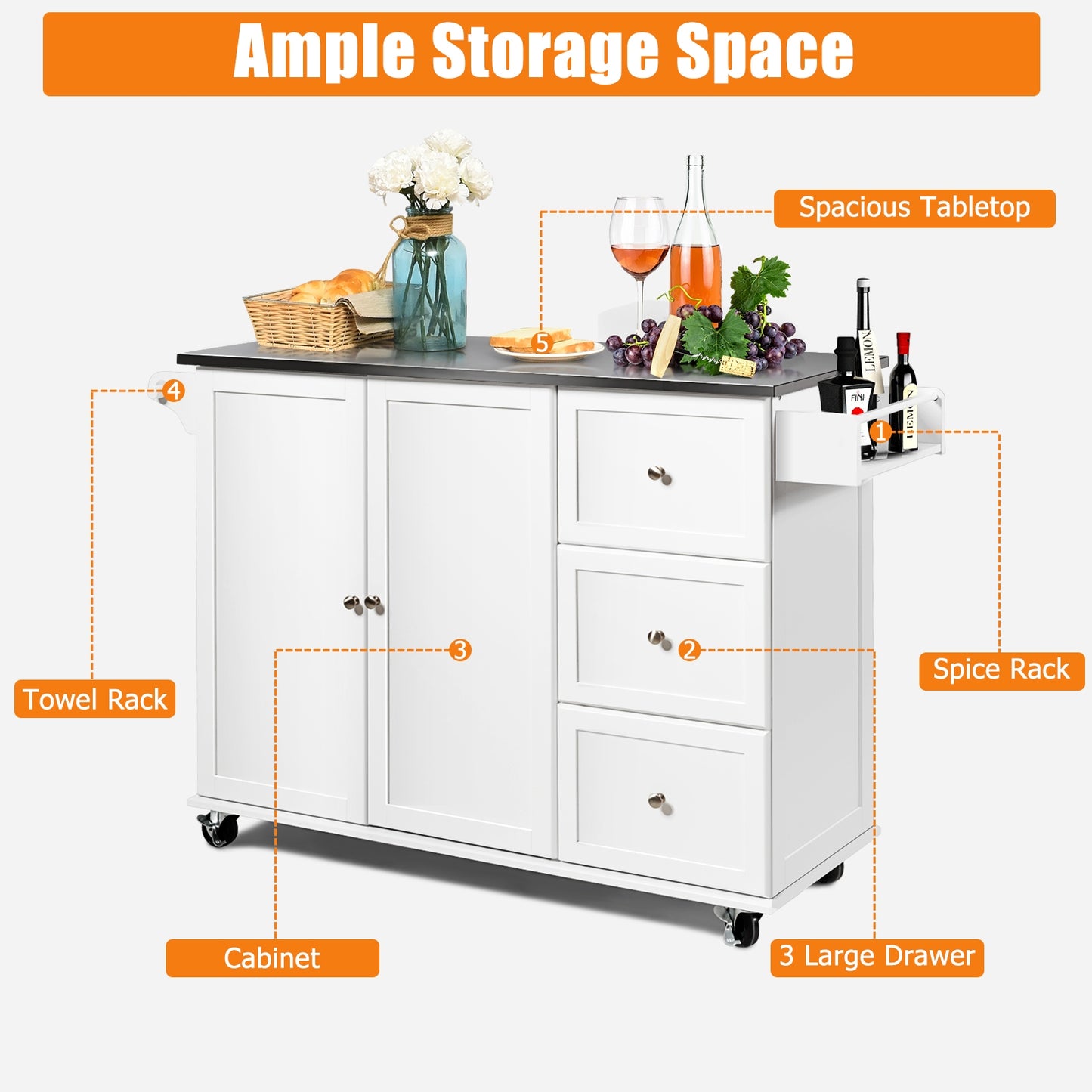 Kitchen Island with Stainless Steel Countertop 2-Door Cabinet and Drawers for Storage - White