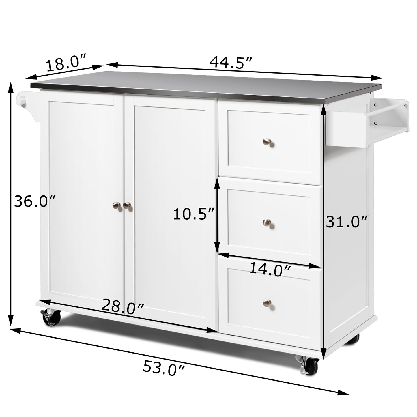 Kitchen Island with Stainless Steel Countertop 2-Door Cabinet and Drawers for Storage - White