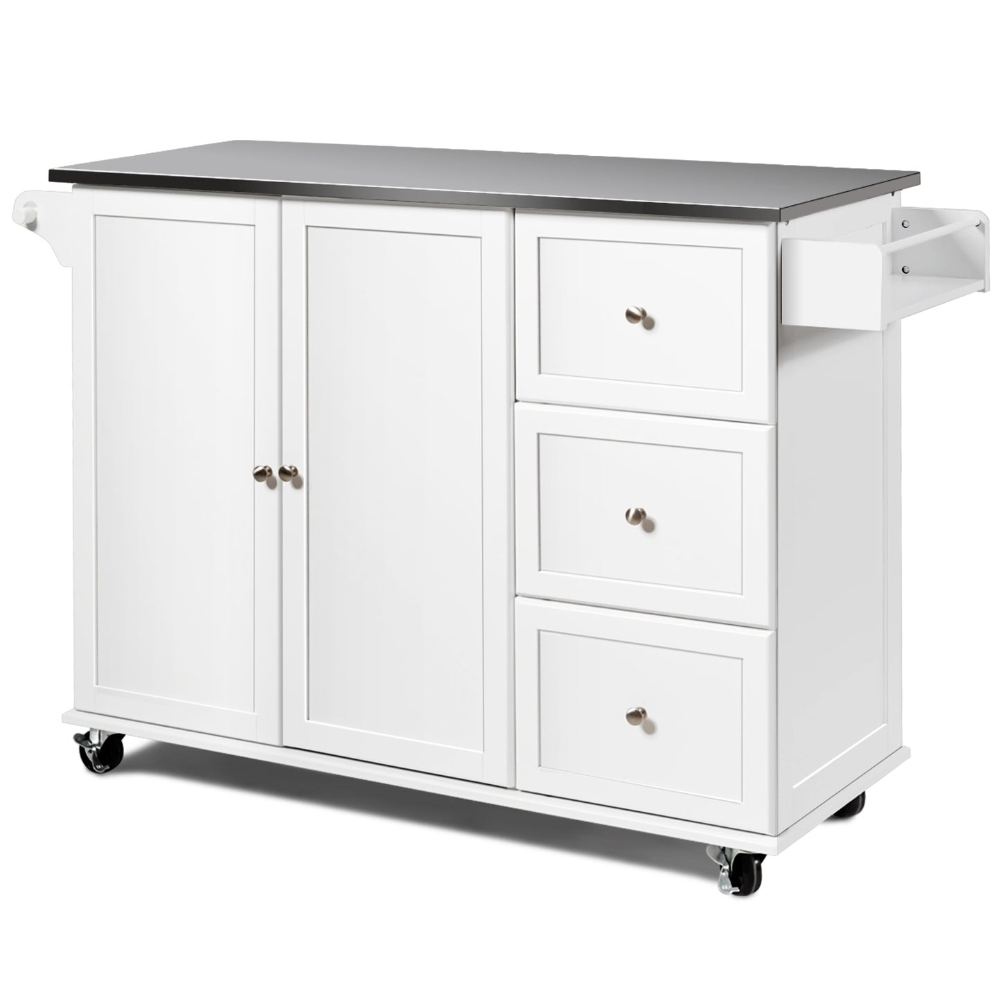 Kitchen Island with Stainless Steel Countertop 2-Door Cabinet and Drawers for Storage - White