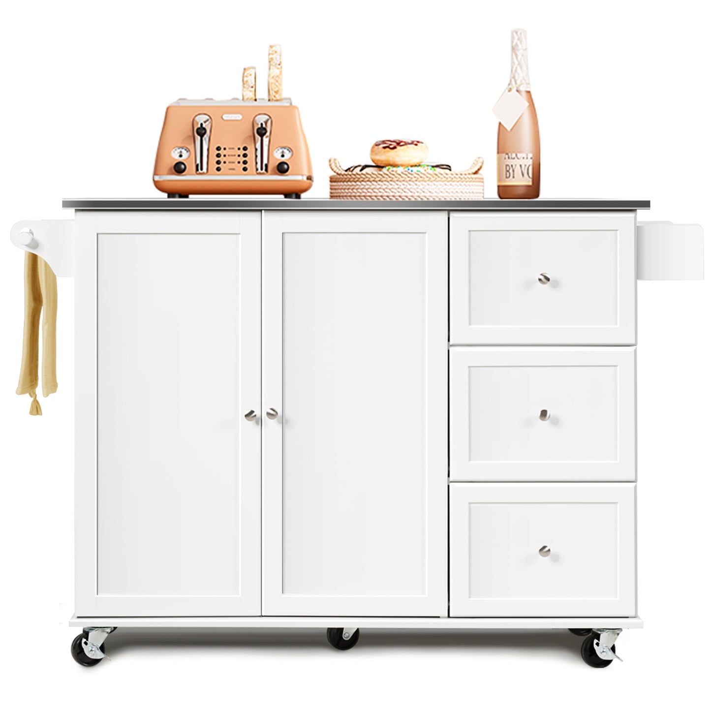 Kitchen Island with Stainless Steel Countertop 2-Door Cabinet and Drawers for Storage - White