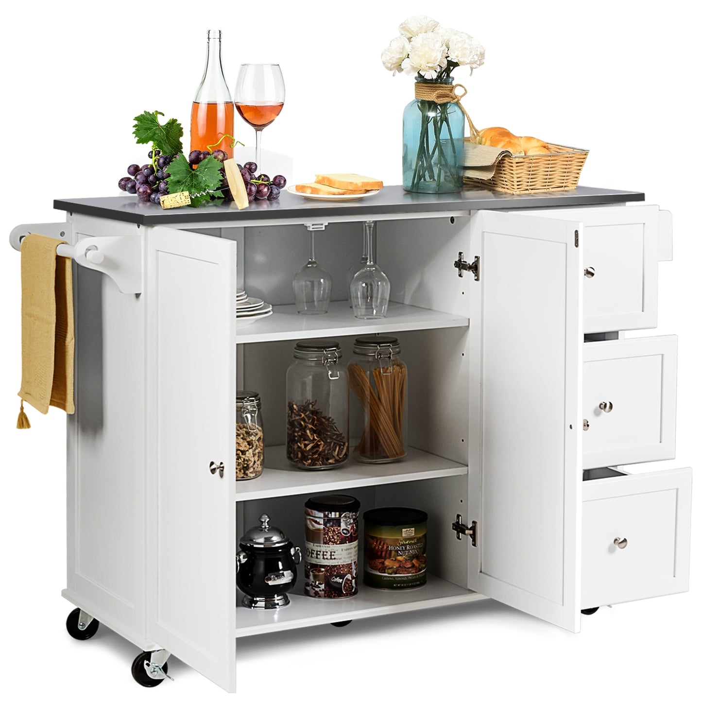 Kitchen Island with Stainless Steel Countertop 2-Door Cabinet and Drawers for Storage - White