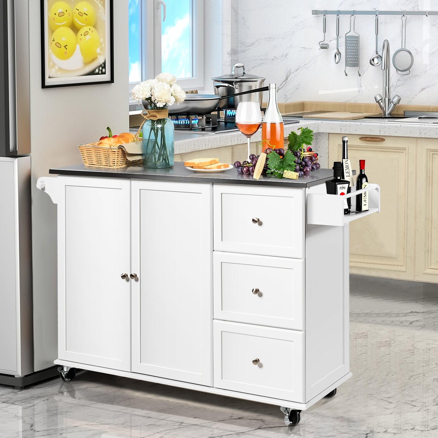 Kitchen Island with Stainless Steel Countertop 2-Door Cabinet and Drawers for Storage - White