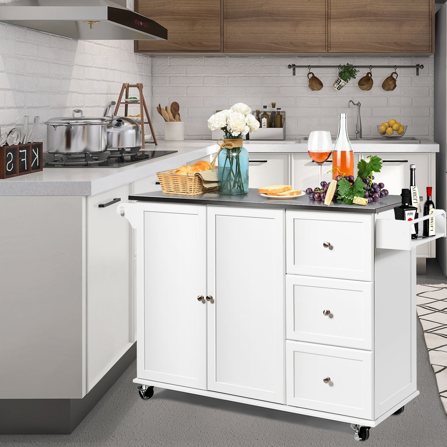 Kitchen Island with Stainless Steel Countertop 2-Door Cabinet and Drawers for Storage - White