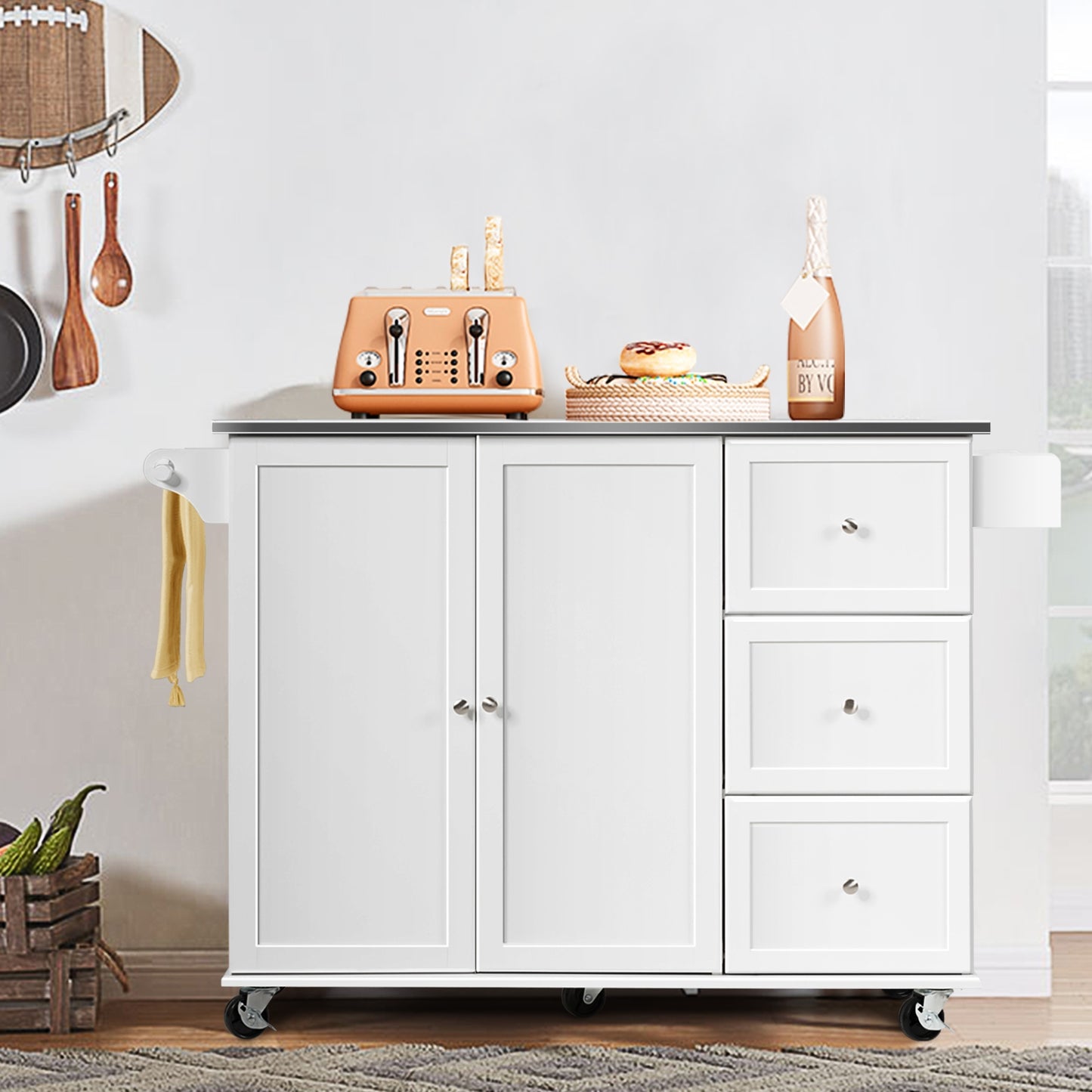 Kitchen Island with Stainless Steel Countertop 2-Door Cabinet and Drawers for Storage - White