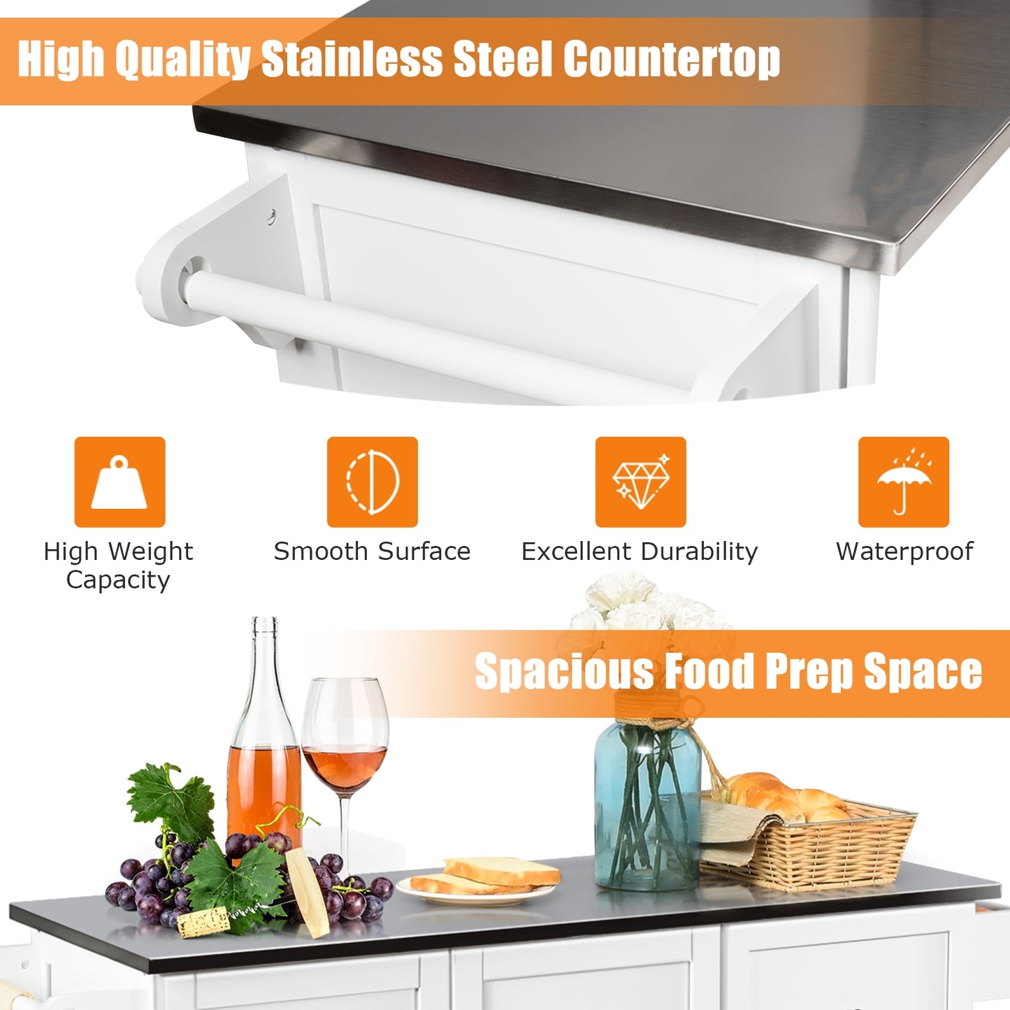 Kitchen Island with Stainless Steel Countertop 2-Door Cabinet and Drawers for Storage - White