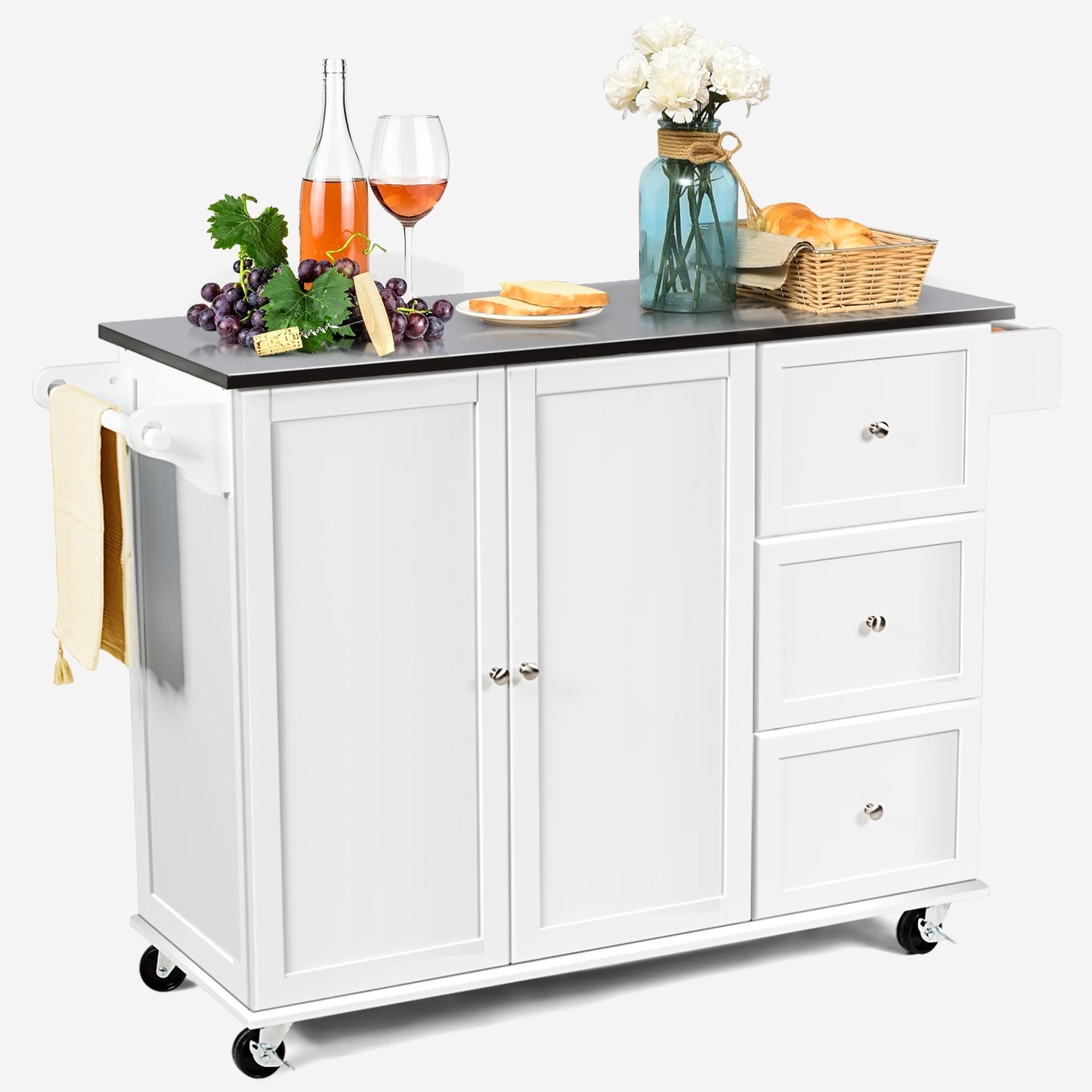 Kitchen Island with Stainless Steel Countertop 2-Door Cabinet and Drawers for Storage - White