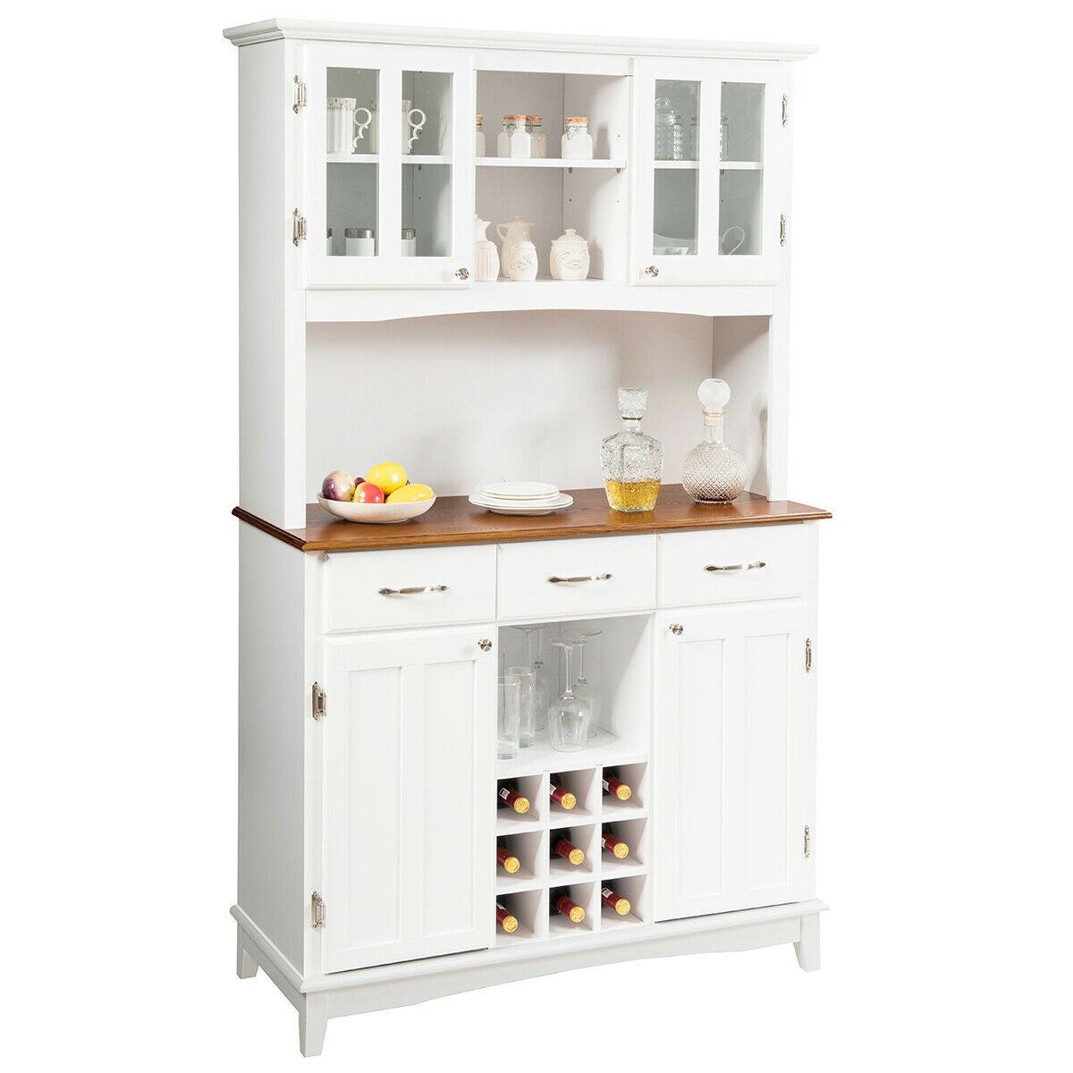 Modern Buffet Hutch with Glass Doors Wine Rack and Storage Drawers for Kitchen or Dining Room - White