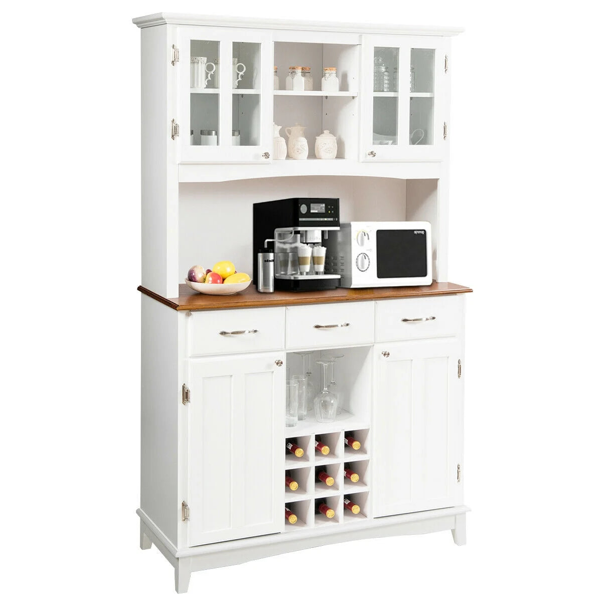 Modern Buffet Hutch with Glass Doors Wine Rack and Storage Drawers for Kitchen or Dining Room - White