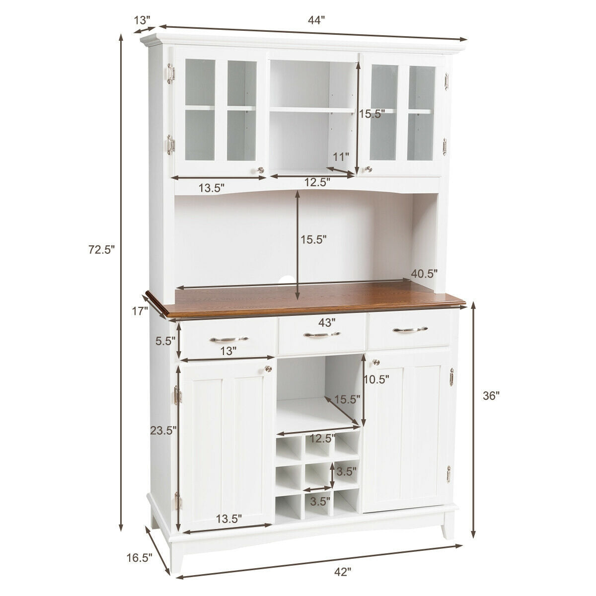 Modern Buffet Hutch with Glass Doors Wine Rack and Storage Drawers for Kitchen or Dining Room - White