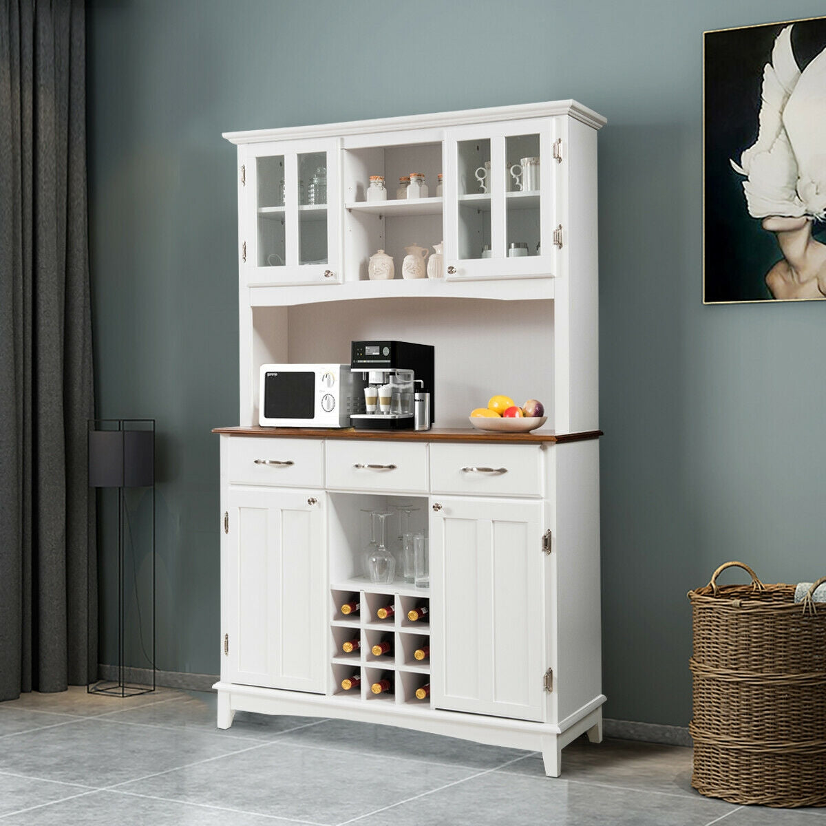 Modern Buffet Hutch with Glass Doors Wine Rack and Storage Drawers for Kitchen or Dining Room - White
