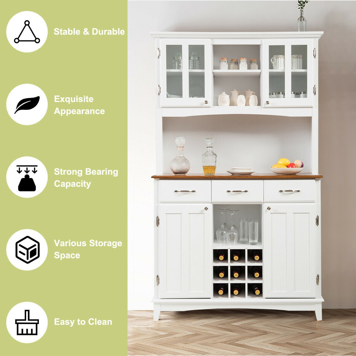Modern Buffet Hutch with Glass Doors Wine Rack and Storage Drawers for Kitchen or Dining Room - White