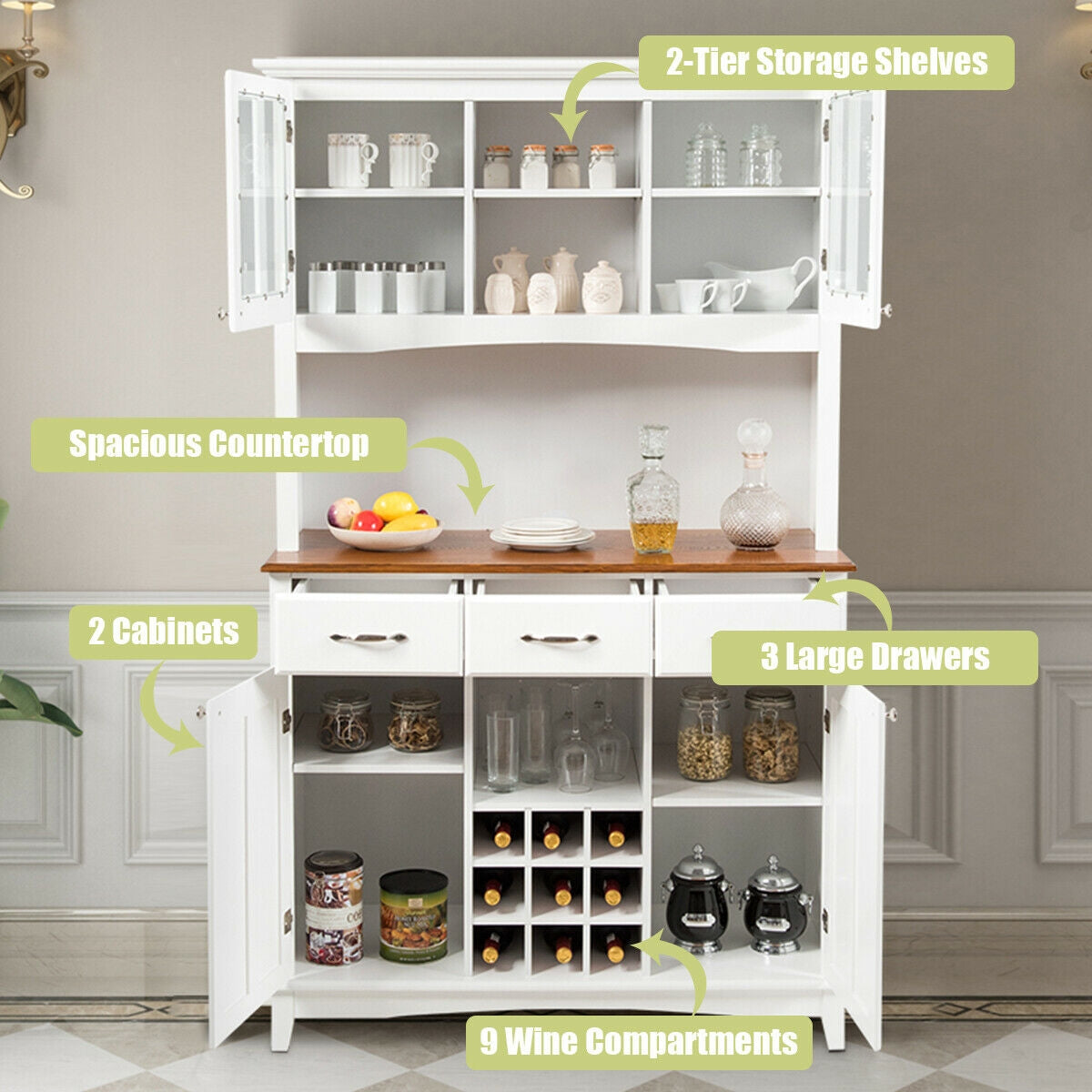 Modern Buffet Hutch with Glass Doors Wine Rack and Storage Drawers for Kitchen or Dining Room - White