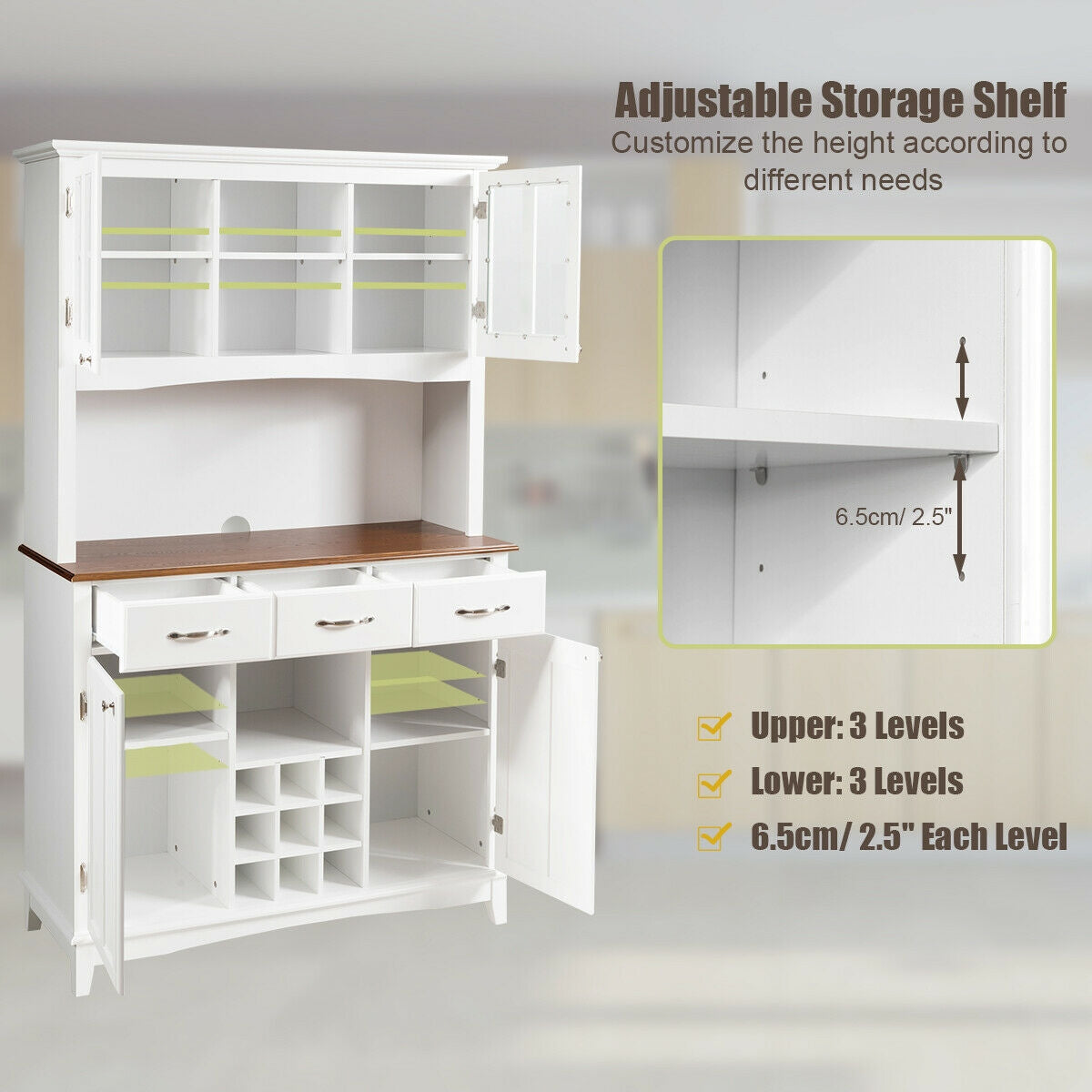 Modern Buffet Hutch with Glass Doors Wine Rack and Storage Drawers for Kitchen or Dining Room - White