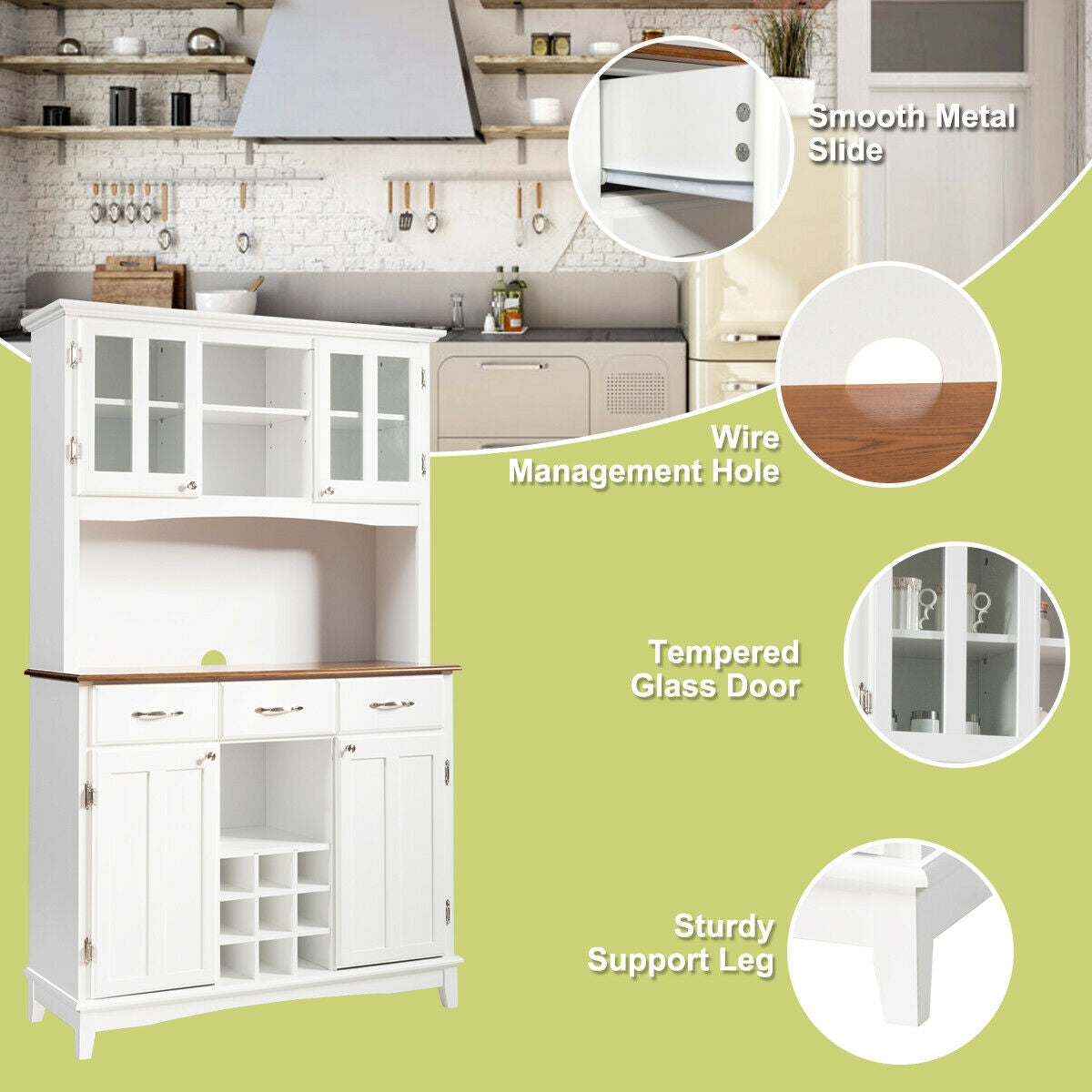 Modern Buffet Hutch with Glass Doors Wine Rack and Storage Drawers for Kitchen or Dining Room - White