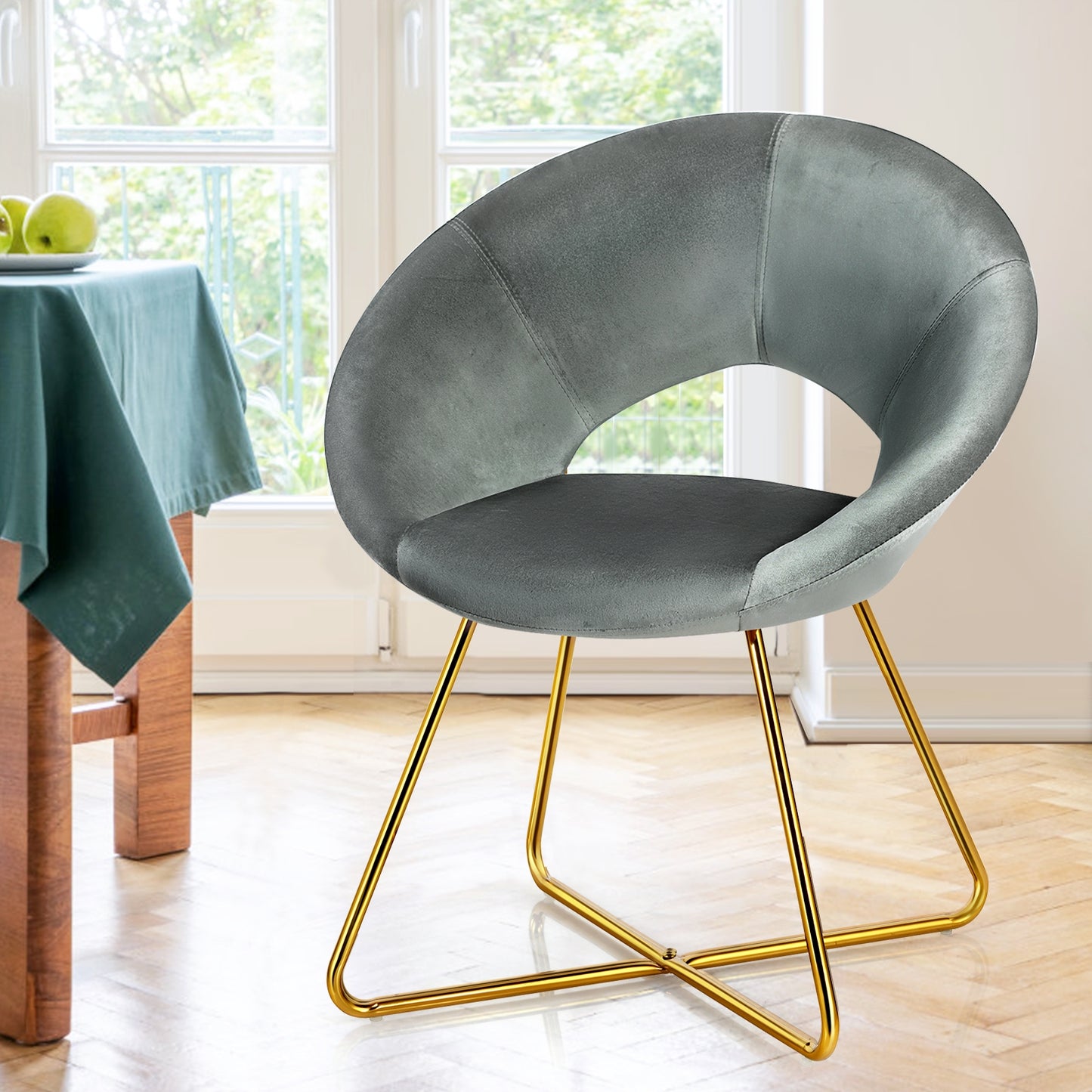 Elegant Upholstered Velvet Armchair with Golden Metal Frame, Grey