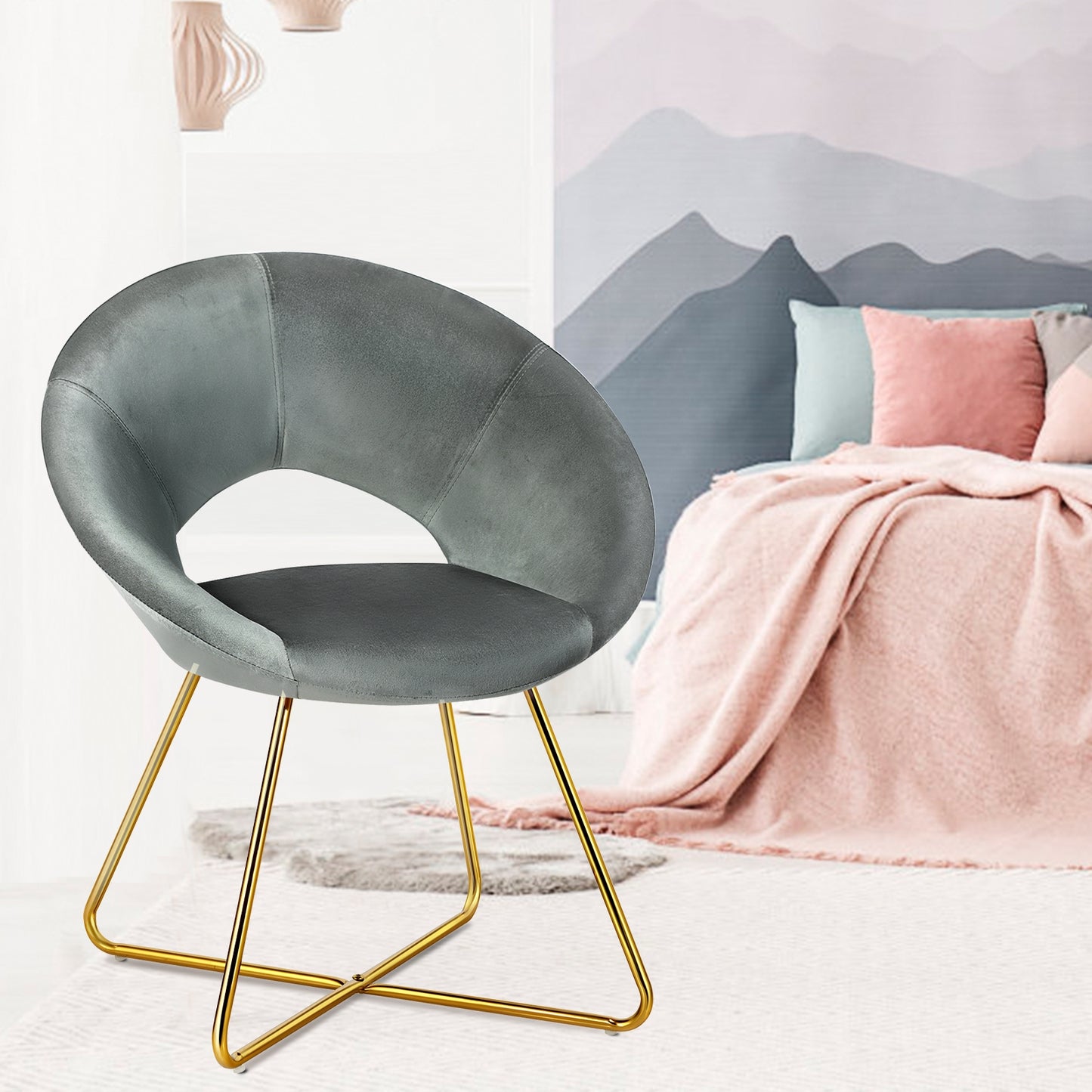 Elegant Upholstered Velvet Armchair with Golden Metal Frame, Grey