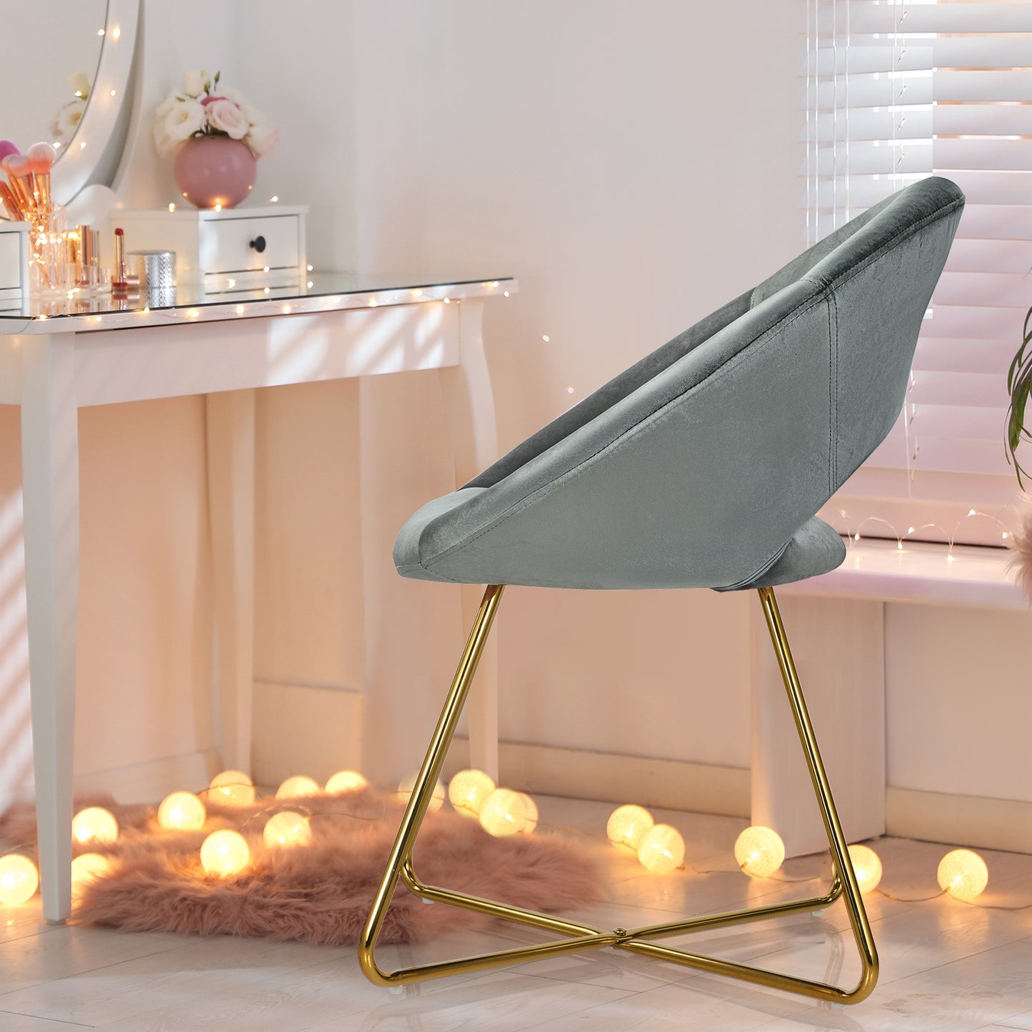 Elegant Upholstered Velvet Armchair with Golden Metal Frame, Grey