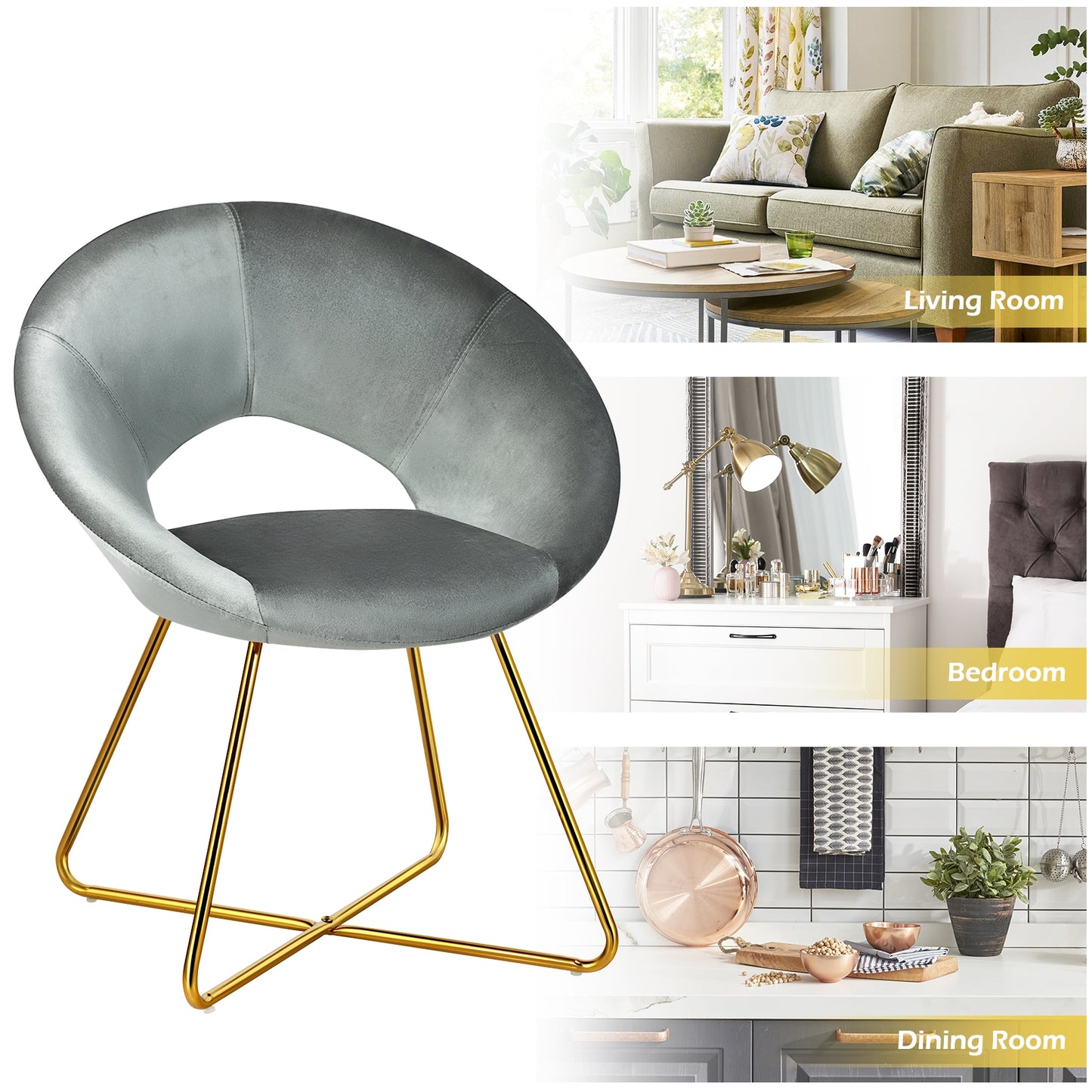 Elegant Upholstered Velvet Armchair with Golden Metal Frame, Grey