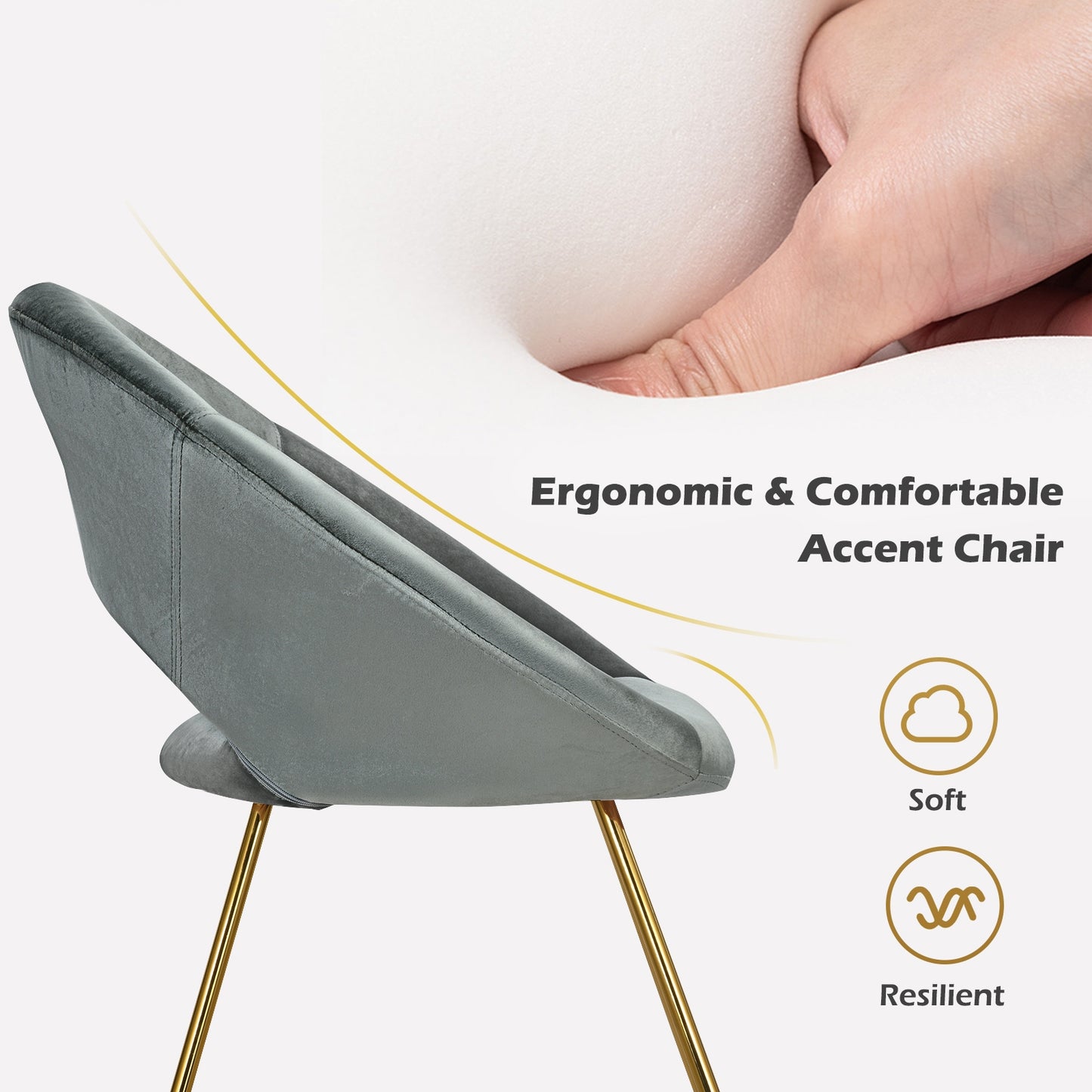 Elegant Upholstered Velvet Armchair with Golden Metal Frame, Grey