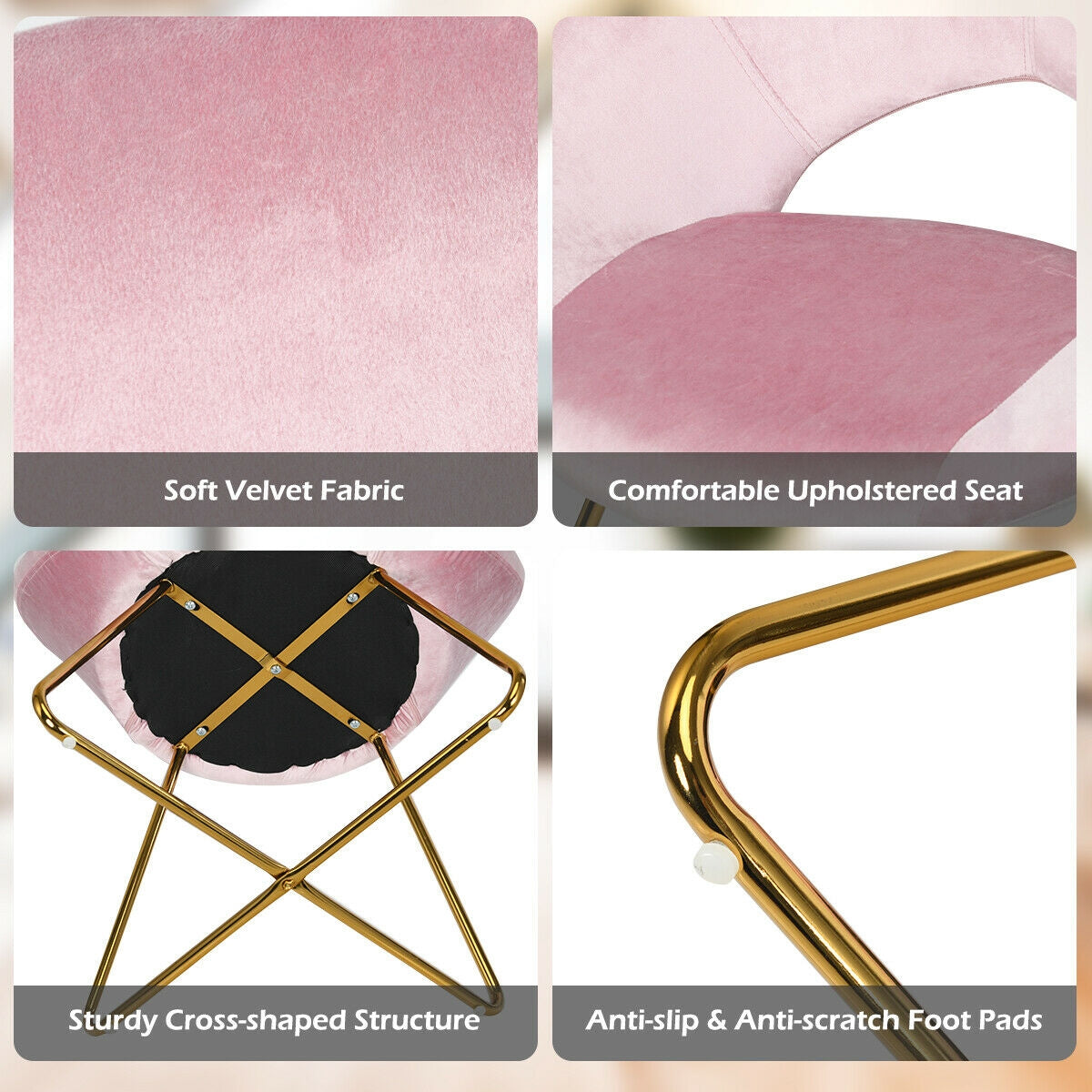 Elegant Upholstered Velvet Armchair with Golden Metal Frame, Pink
