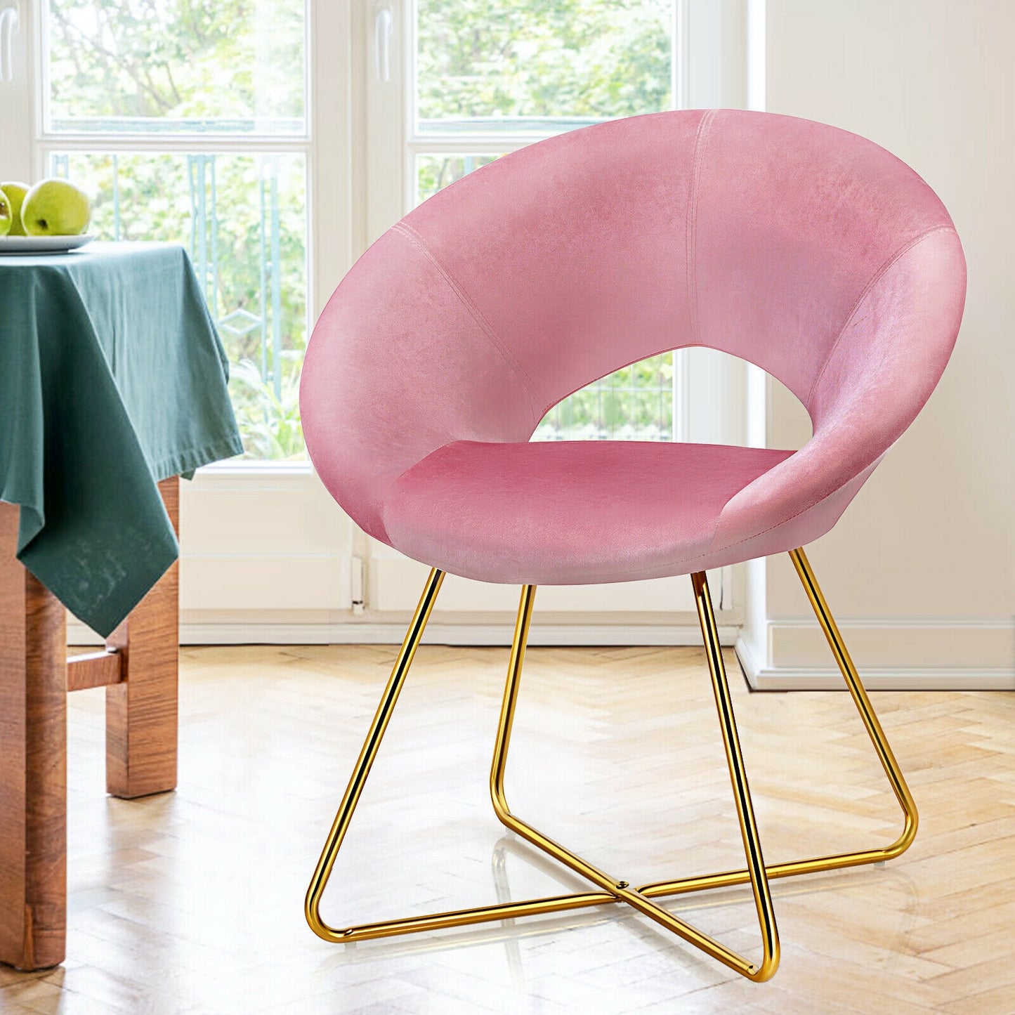 Elegant Upholstered Velvet Armchair with Golden Metal Frame, Pink