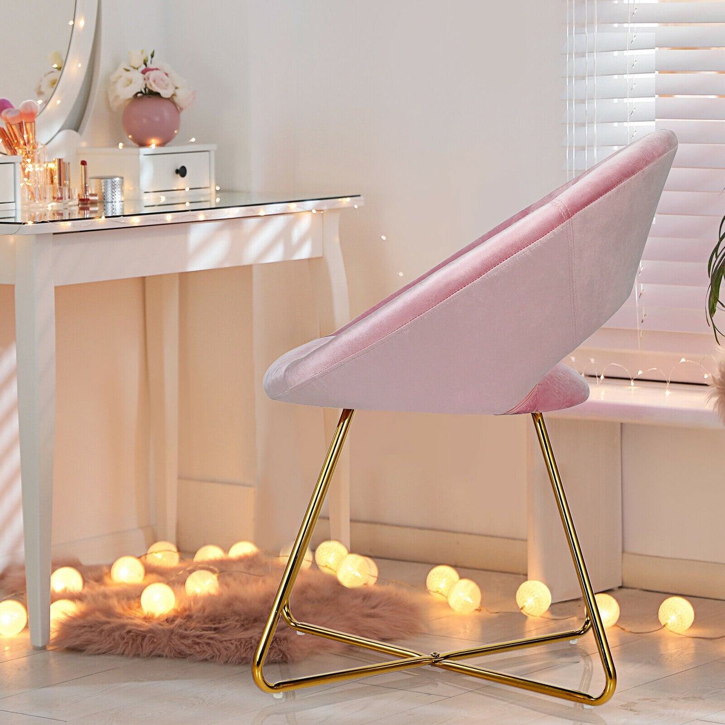 Elegant Upholstered Velvet Armchair with Golden Metal Frame, Pink