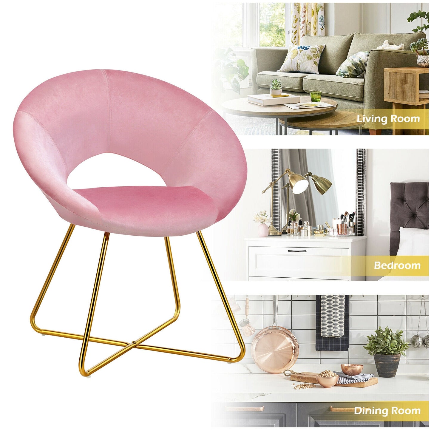 Elegant Upholstered Velvet Armchair with Golden Metal Frame, Pink
