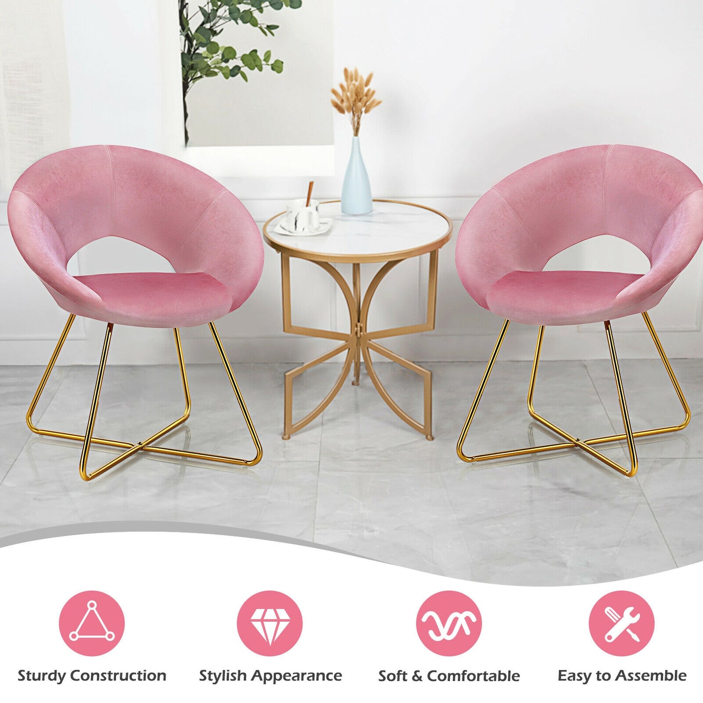 Elegant Upholstered Velvet Armchair with Golden Metal Frame, Pink