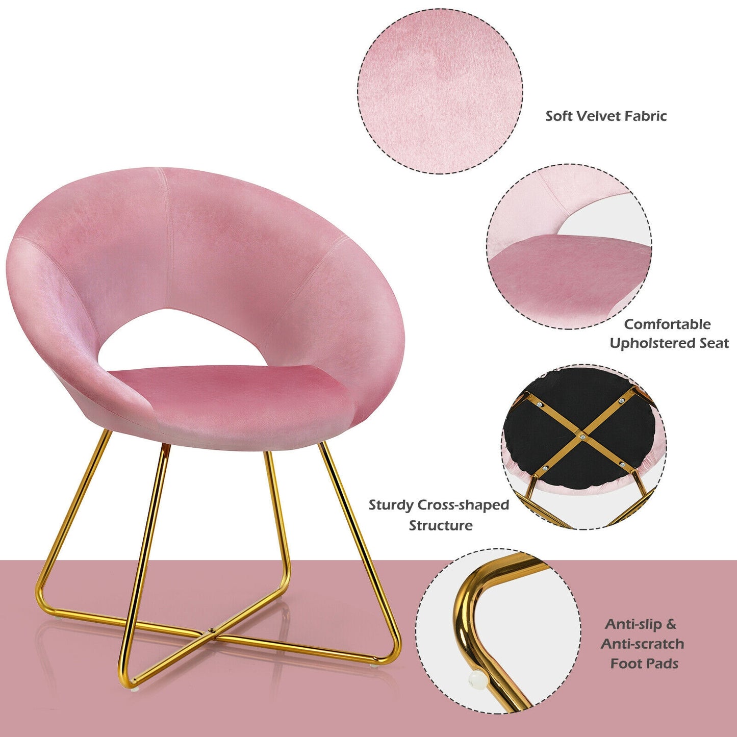 Elegant Upholstered Velvet Armchair with Golden Metal Frame, Pink