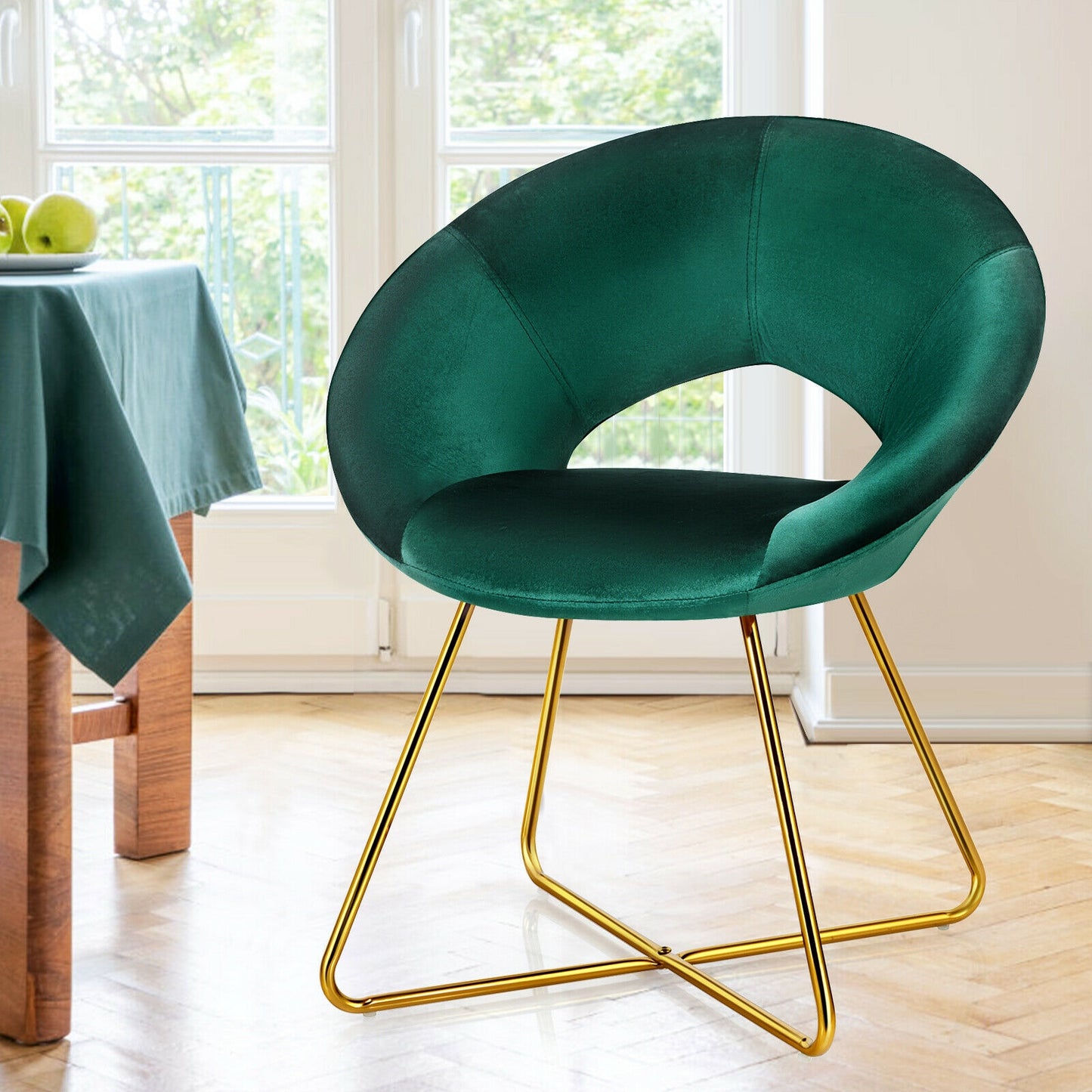 Elegant Upholstered Velvet Armchair with Golden Metal Frame, Dark Green