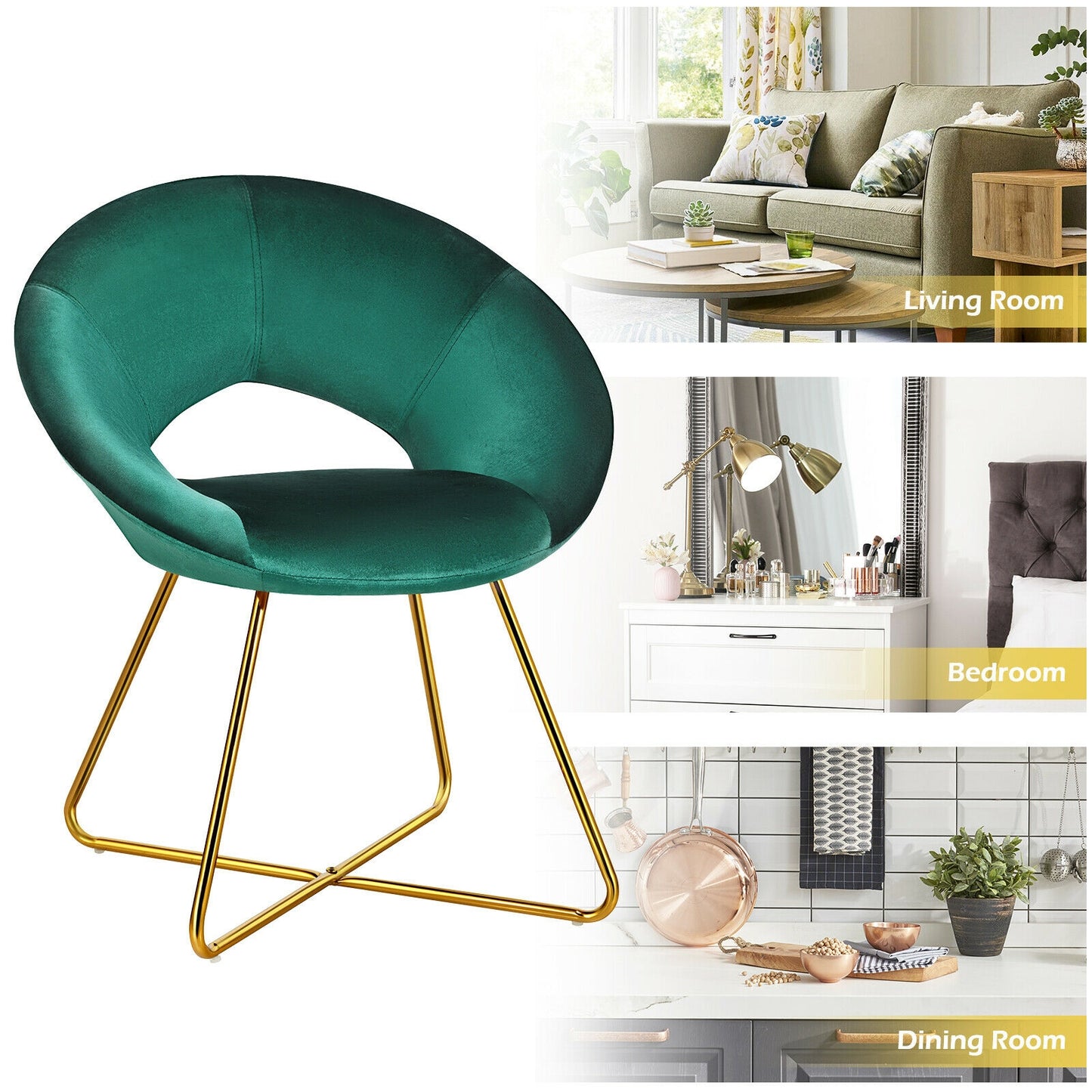 Elegant Upholstered Velvet Armchair with Golden Metal Frame, Dark Green