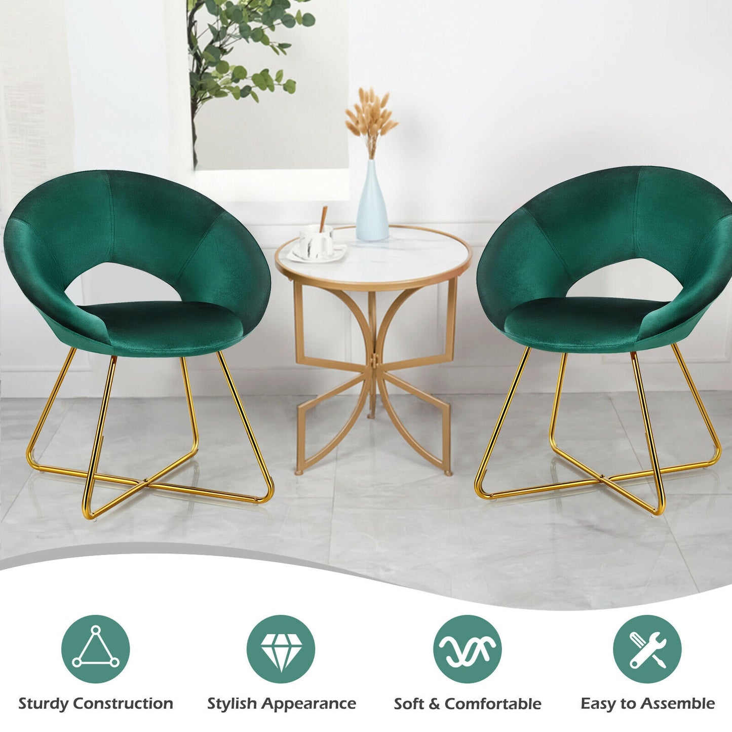 Elegant Upholstered Velvet Armchair with Golden Metal Frame, Dark Green