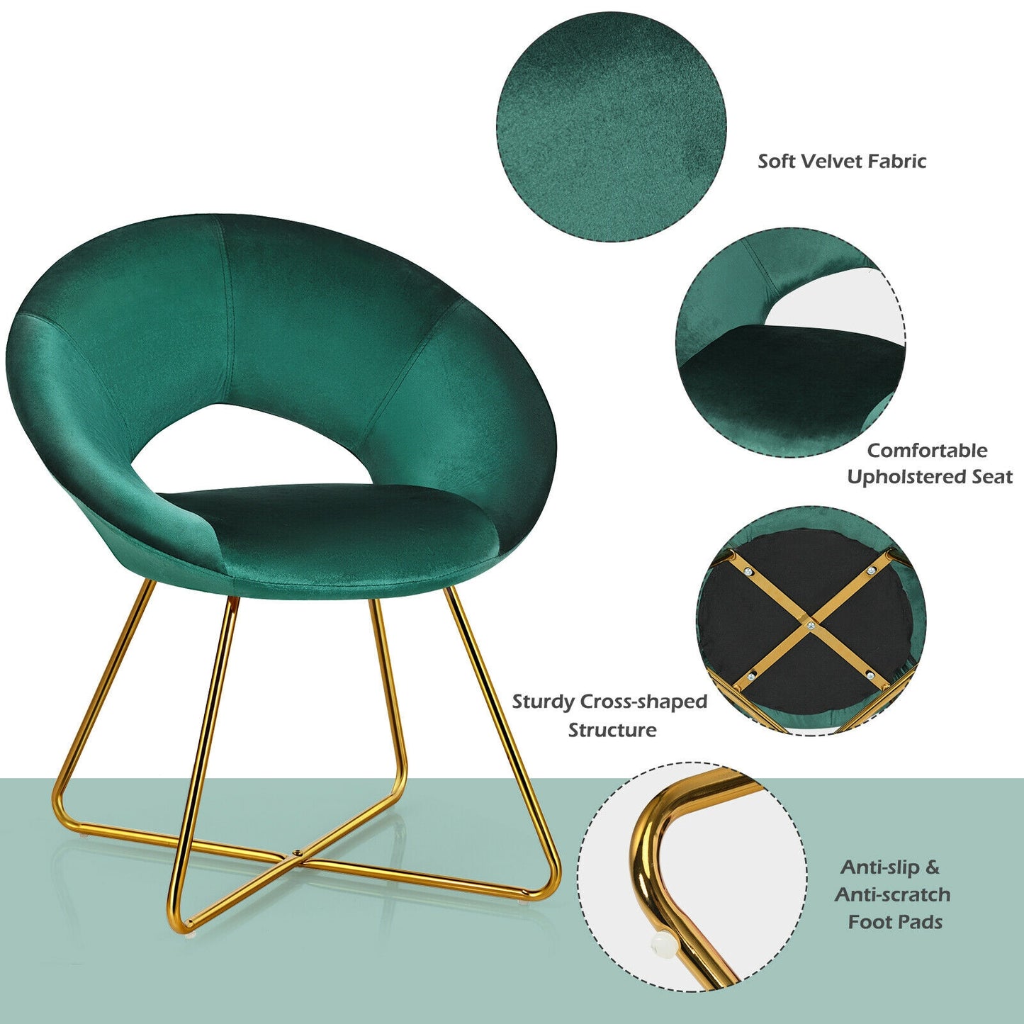 Elegant Upholstered Velvet Armchair with Golden Metal Frame, Dark Green