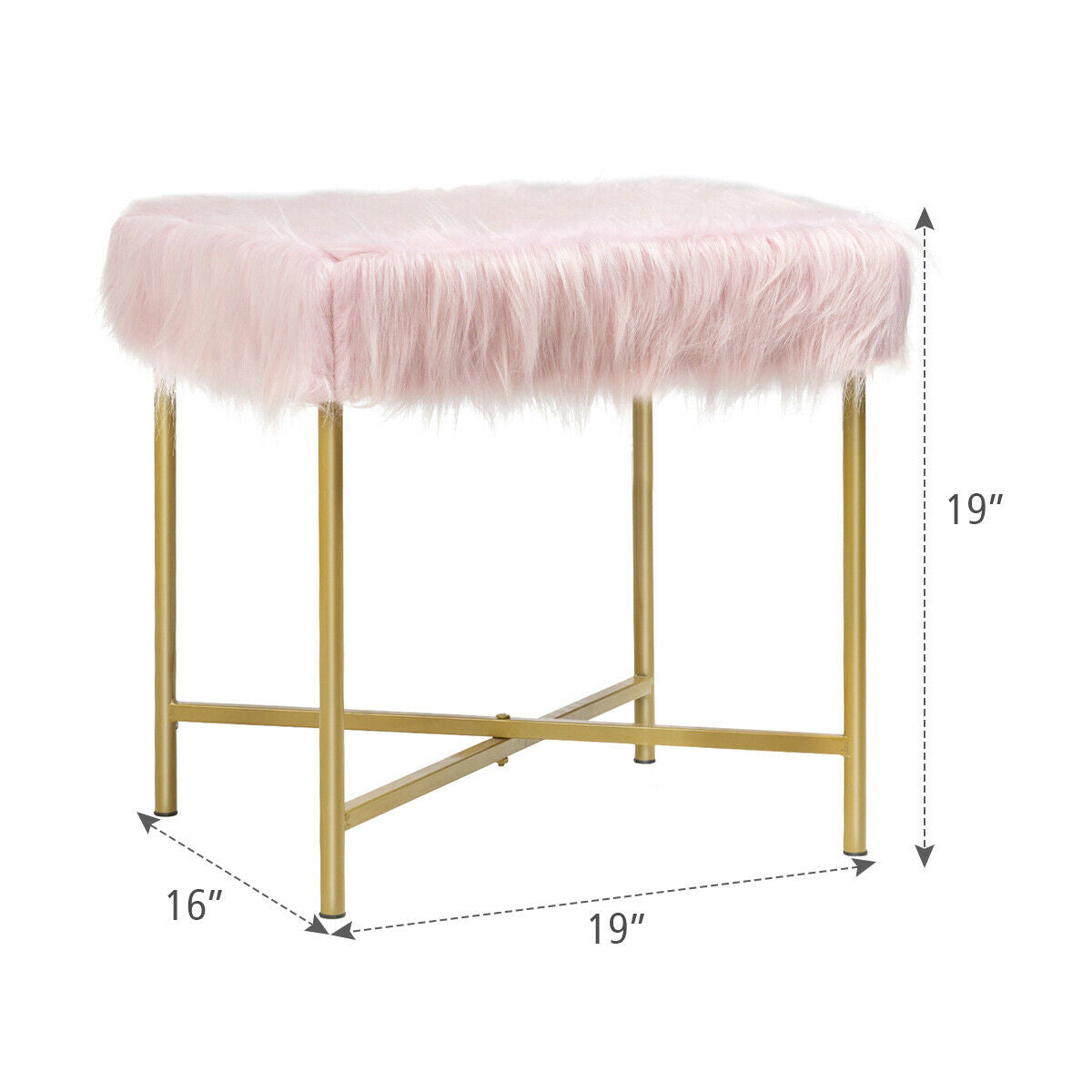 Elegant Ottoman with Gold Metal Legs and Faux Fur Upholstery - Pink
