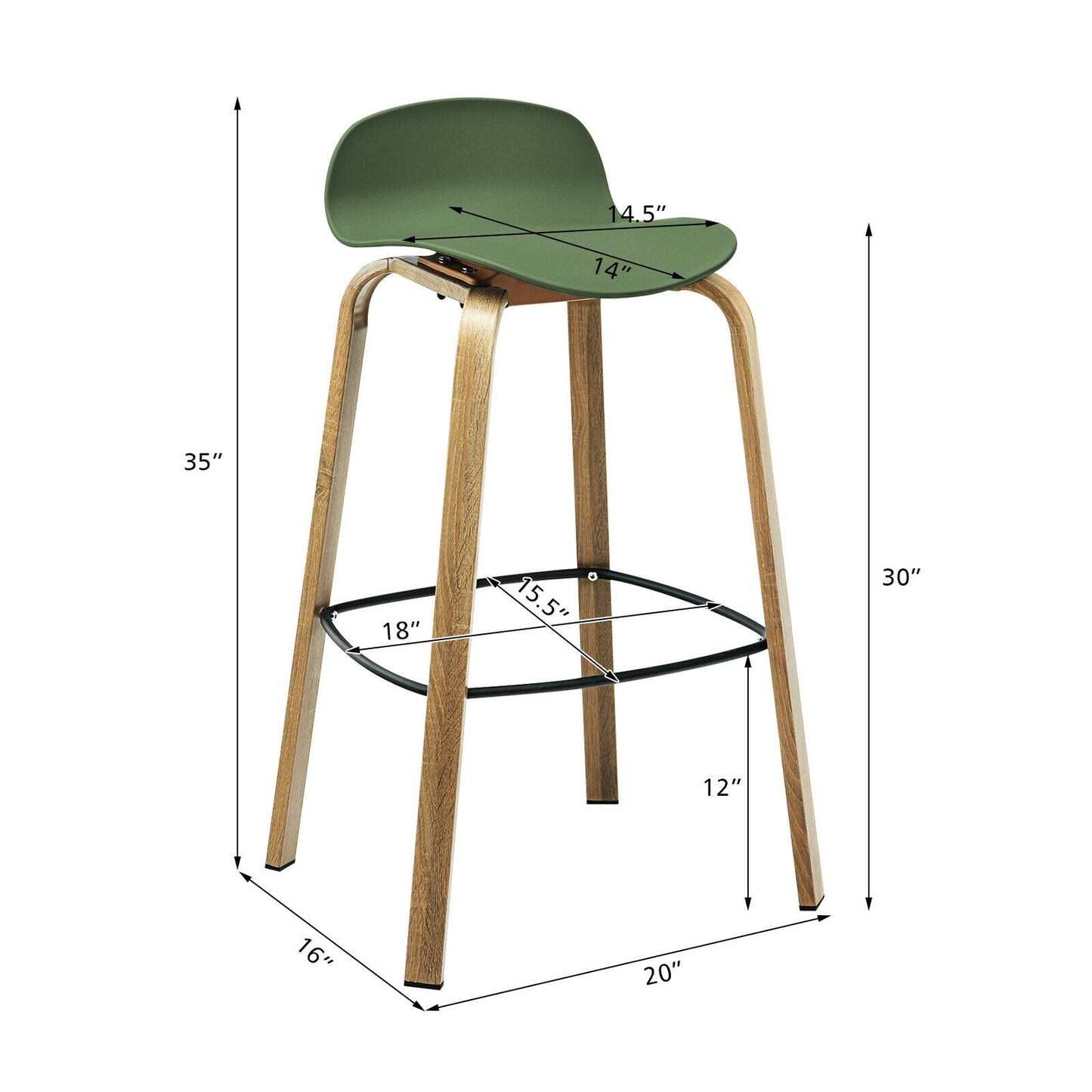 2 Pieces Contemporary Barstools with Low Back and Metal Legs Pub Chairs - Green