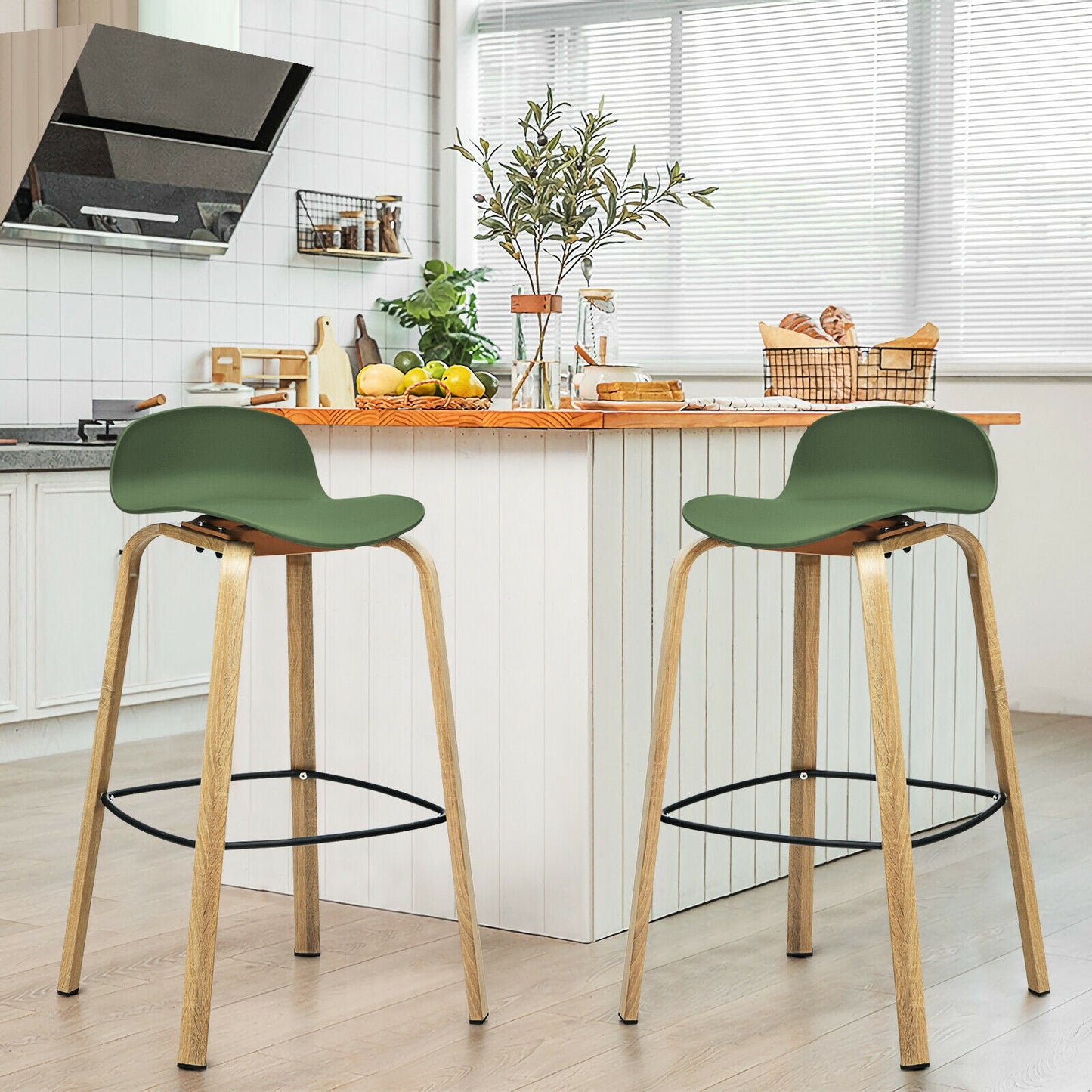 2 Pieces Contemporary Barstools with Low Back and Metal Legs Pub Chairs - Green