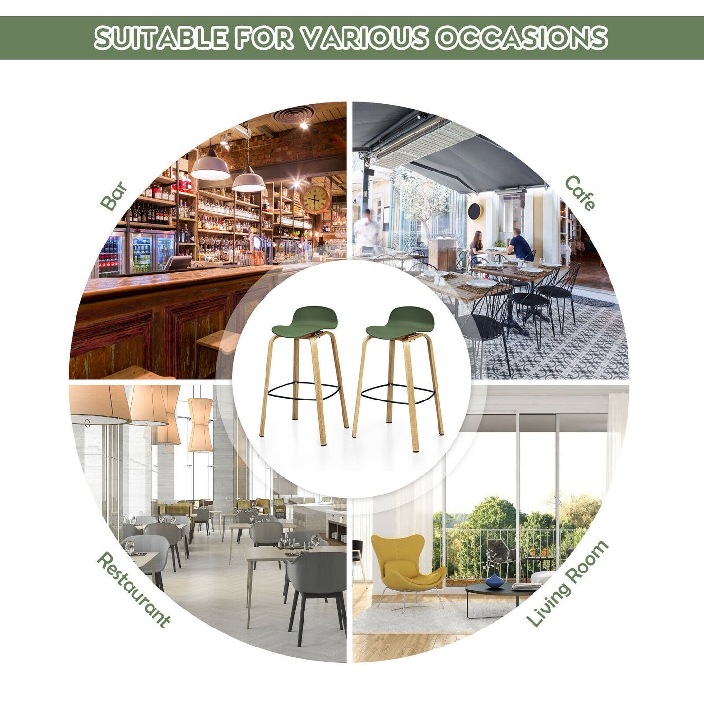 2 Pieces Contemporary Barstools with Low Back and Metal Legs Pub Chairs - Green