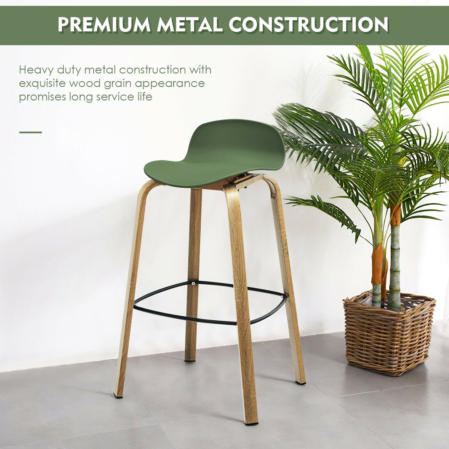 2 Pieces Contemporary Barstools with Low Back and Metal Legs Pub Chairs - Green