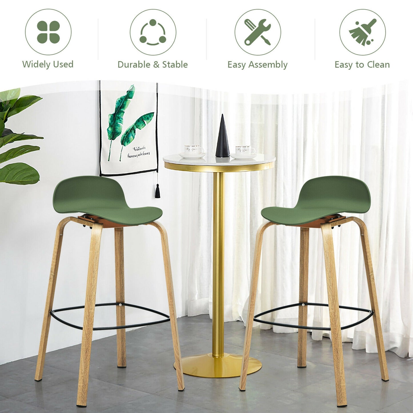 2 Pieces Contemporary Barstools with Low Back and Metal Legs Pub Chairs - Green