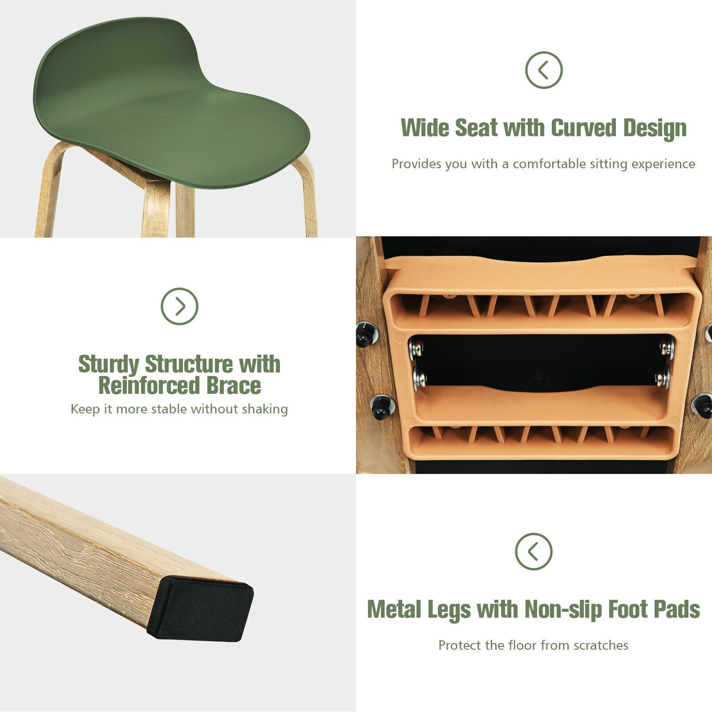 2 Pieces Contemporary Barstools with Low Back and Metal Legs Pub Chairs - Green