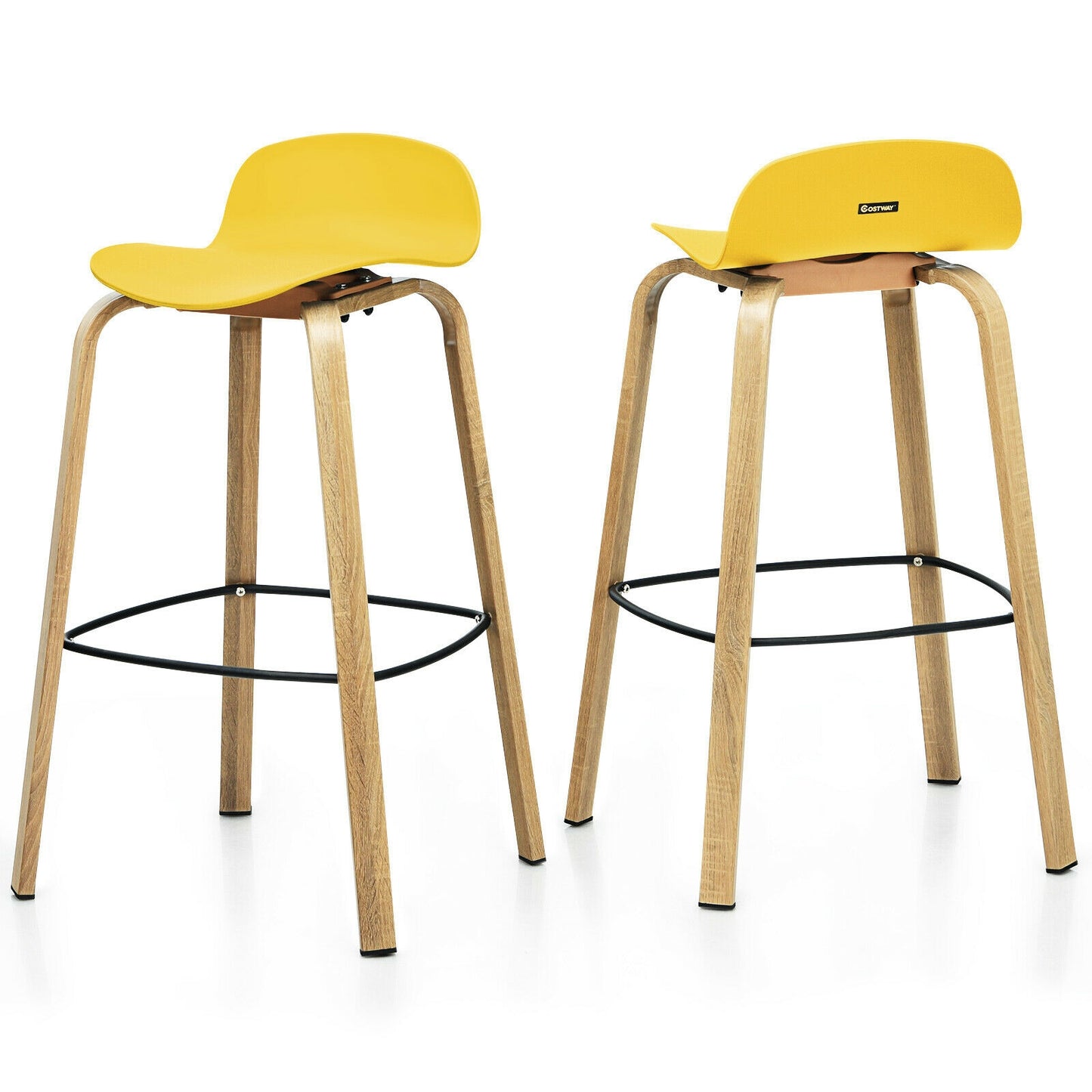 2 Pieces Contemporary Barstools with Low Back and Metal Legs Pub Chairs - Yellow
