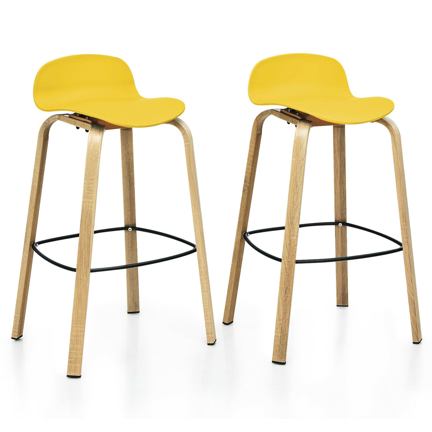 2 Pieces Contemporary Barstools with Low Back and Metal Legs Pub Chairs - Yellow